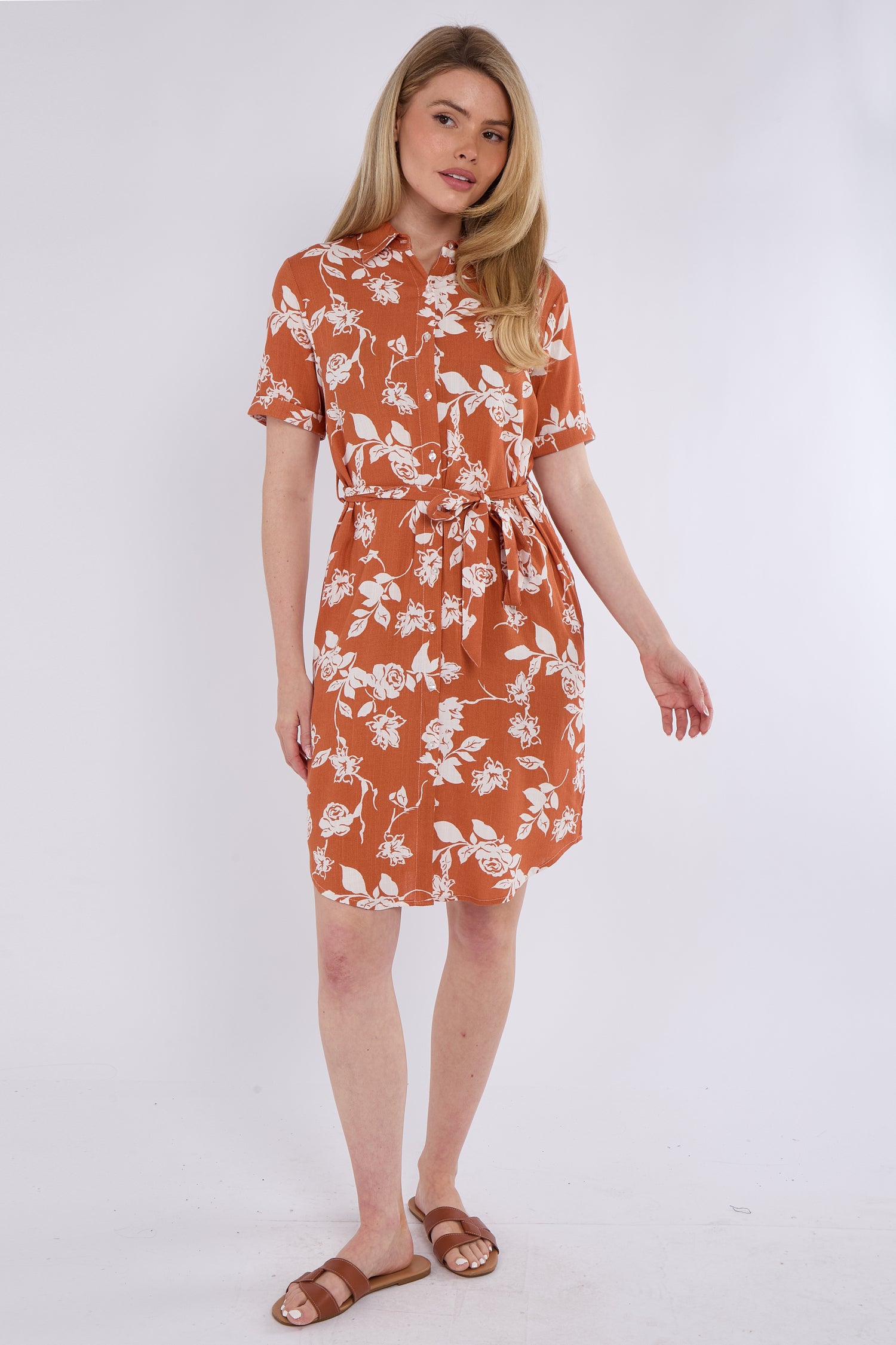 Coral Floral Print Short Sleeve Mini Shirt Dress