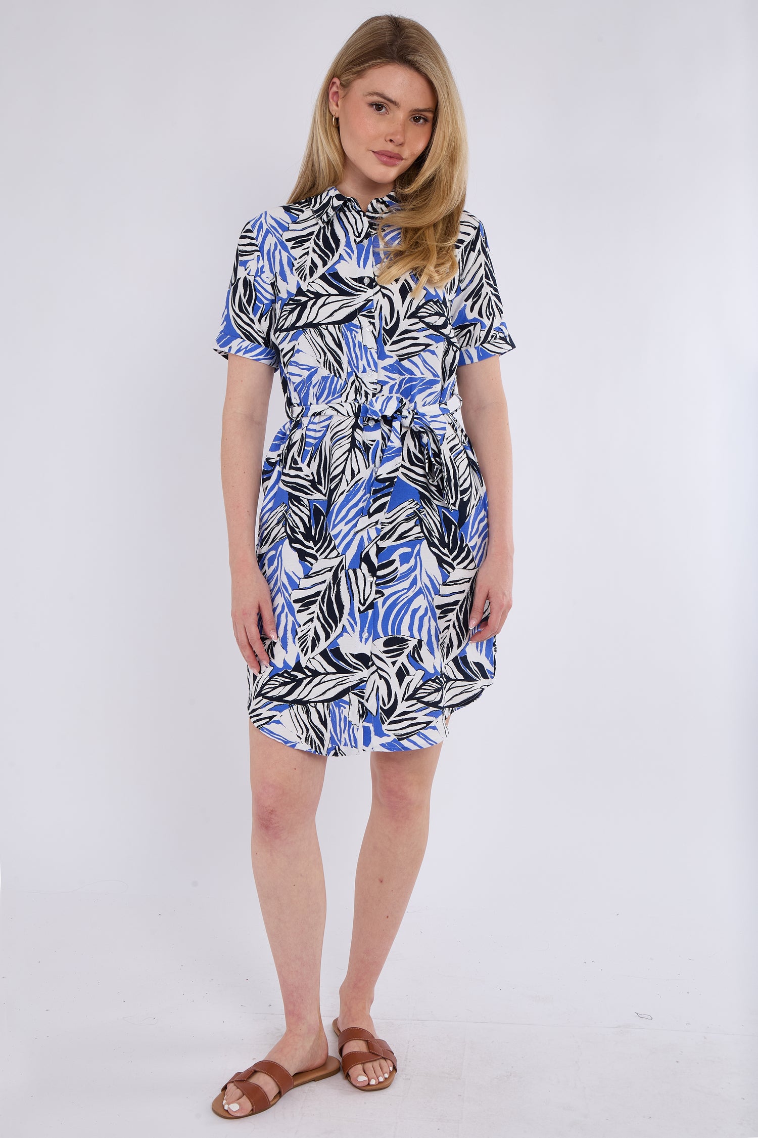 Blue Leaf Print Short Sleeve Mini Shirt Dress