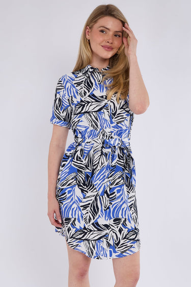 Blue Leaf Print Short Sleeve Mini Shirt Dress