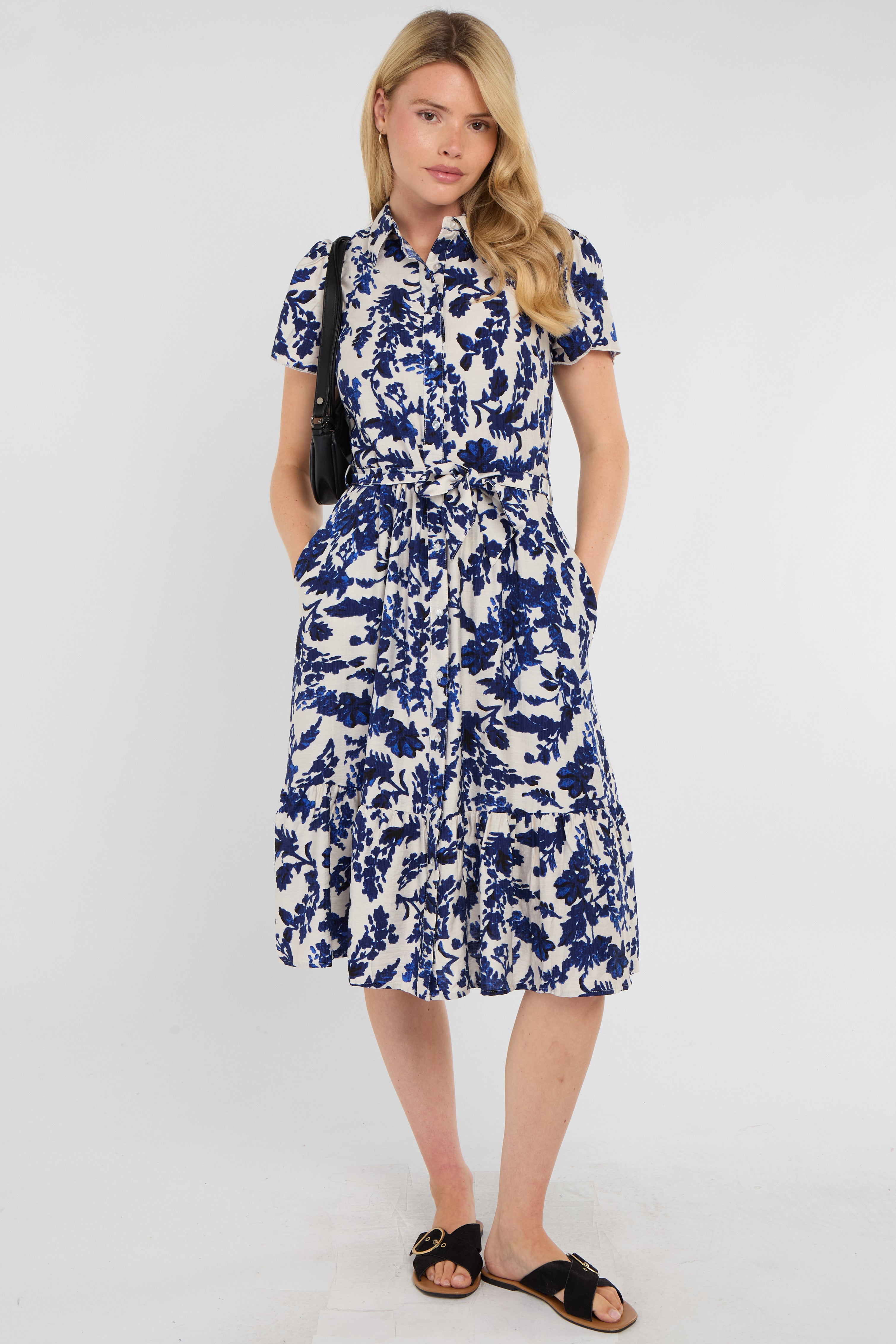 Cobalt Leaf Print Linen-Blend Midi Shirt Dress