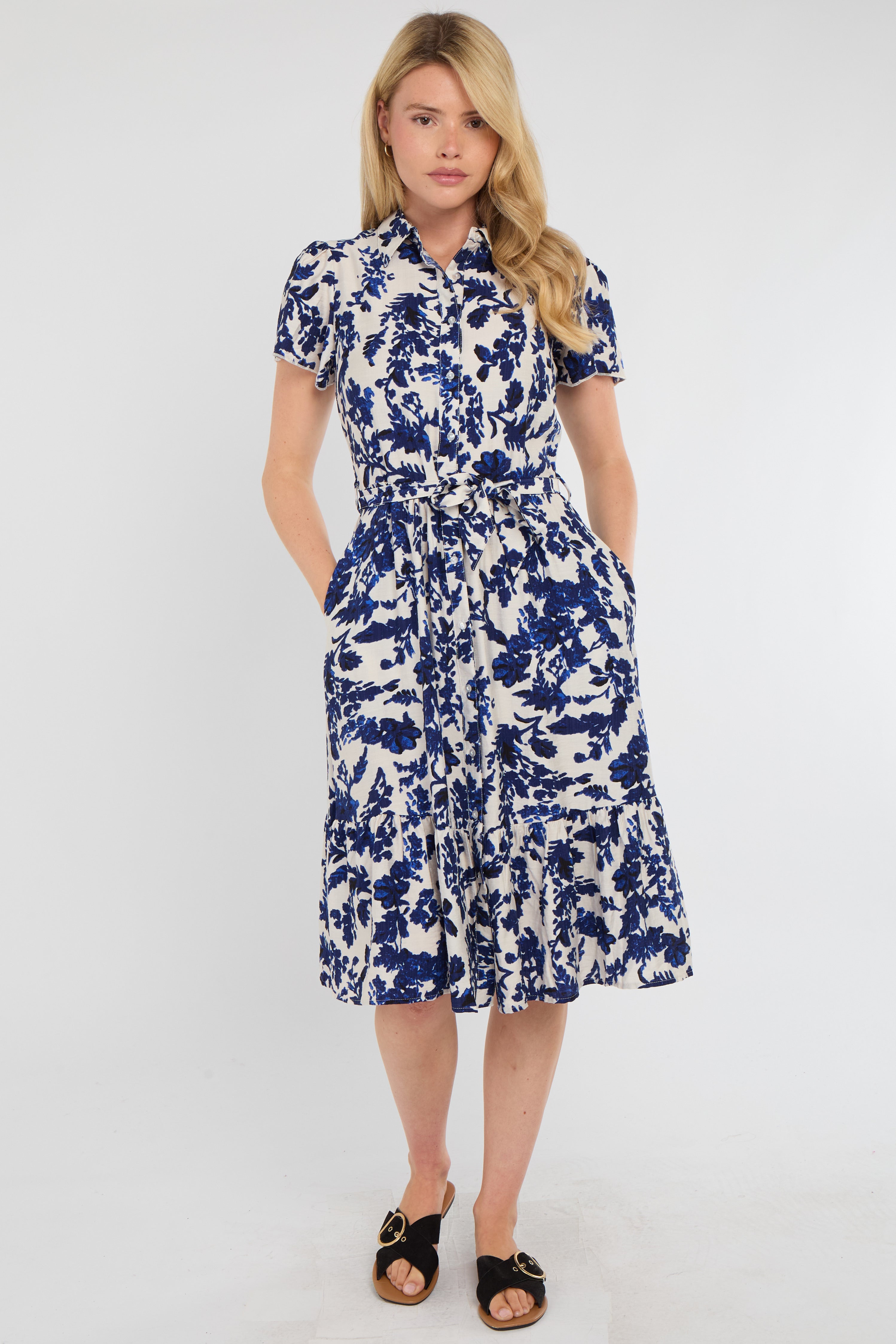 Cobalt Leaf Print Linen-Blend Midi Shirt Dress