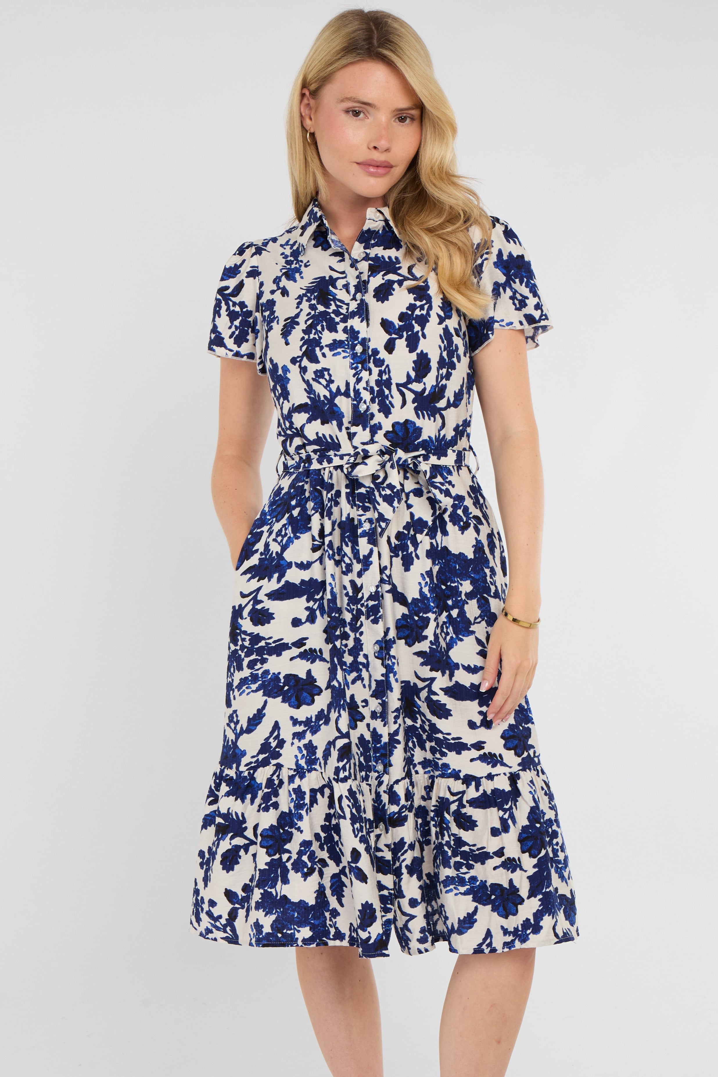 Cobalt Leaf Print Linen-Blend Midi Shirt Dress