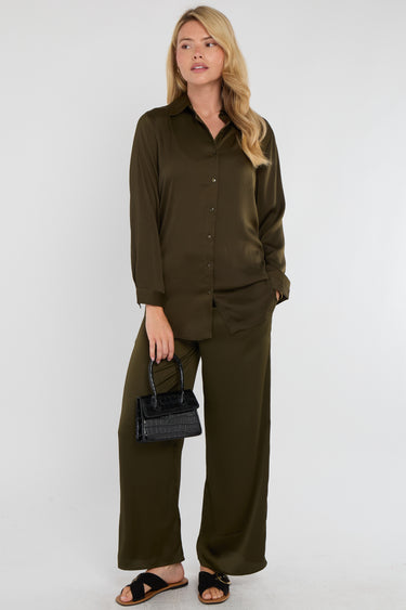 Khaki Satin Co-ord Shirt and Trousers Set