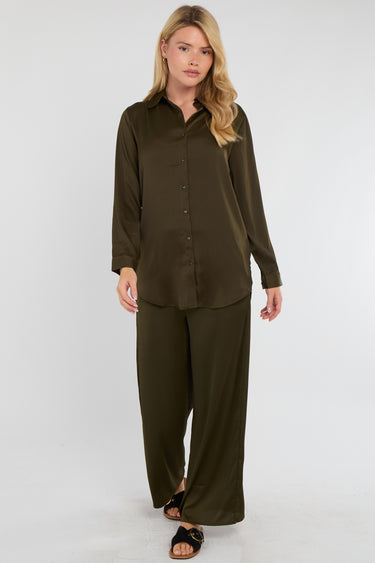 Khaki Satin Co-ord Shirt and Trousers Set