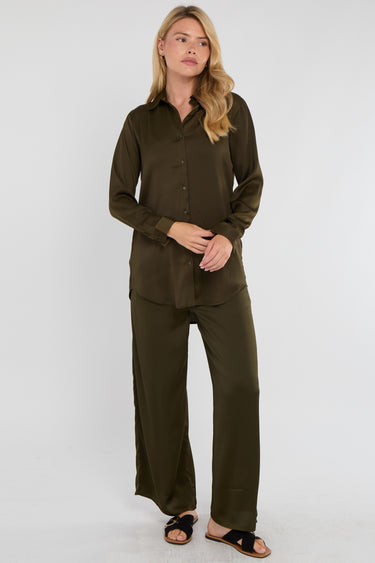 Khaki Satin Co-ord Shirt and Trousers Set