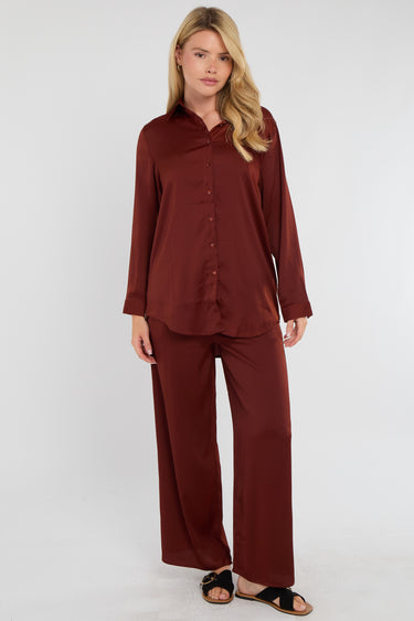 Rust Satin Co-ord Shirt and Trousers Set