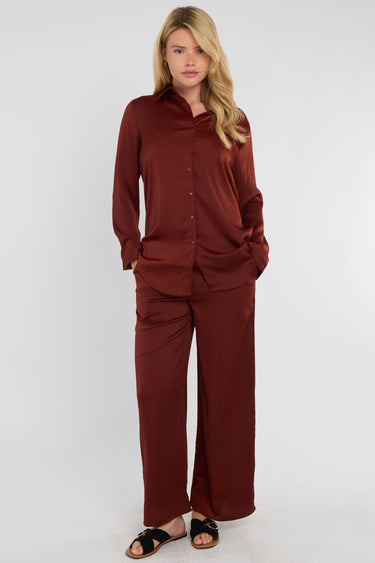 Rust Satin Co-ord Shirt and Trousers Set