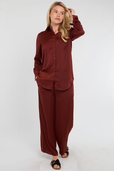 Rust Satin Co-ord Shirt and Trousers Set
