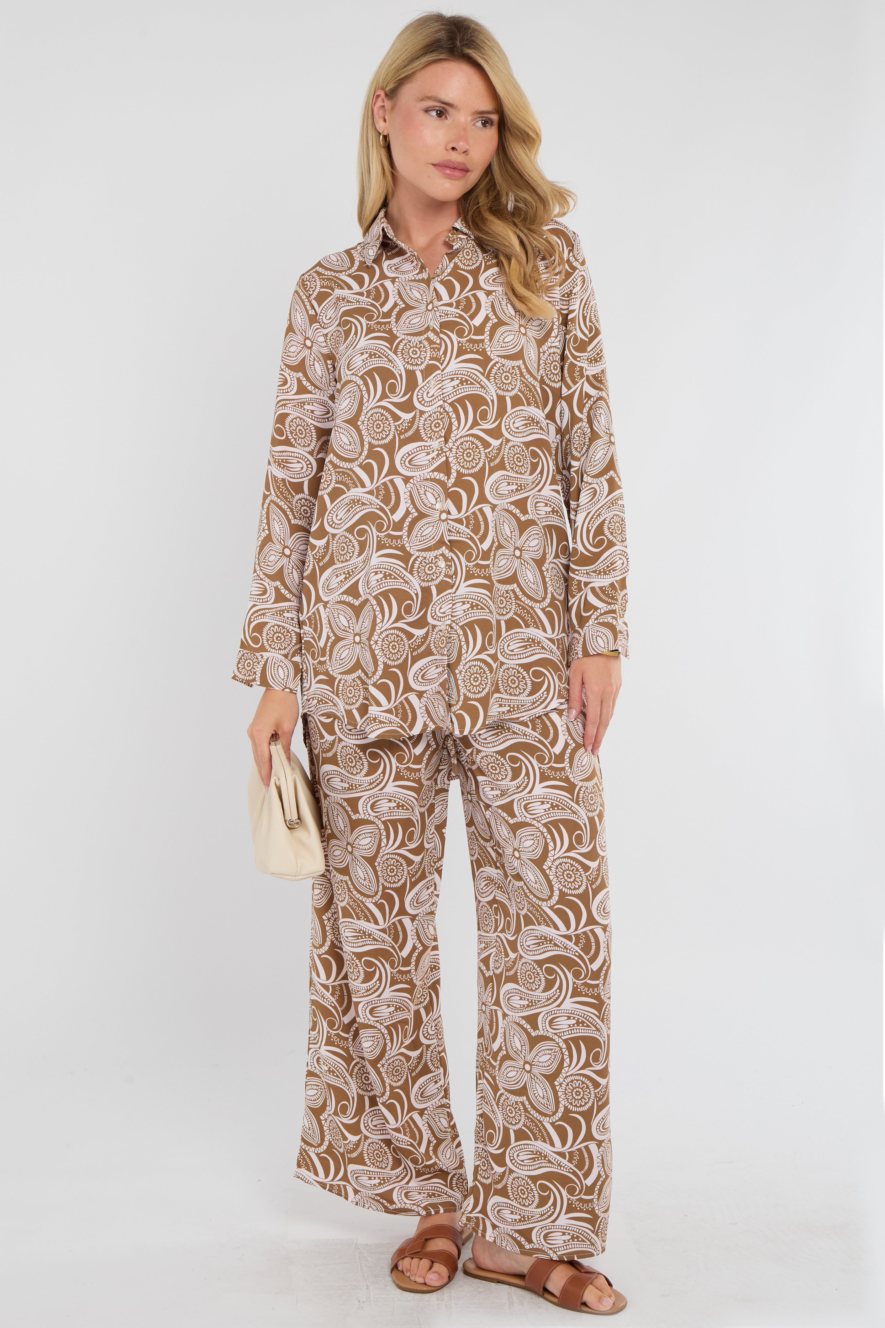 Brown Paisley Floral Print Co-ord Shirt and Trousers Set