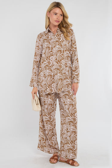 Brown Paisley Floral Print Co-ord Shirt and Trousers Set