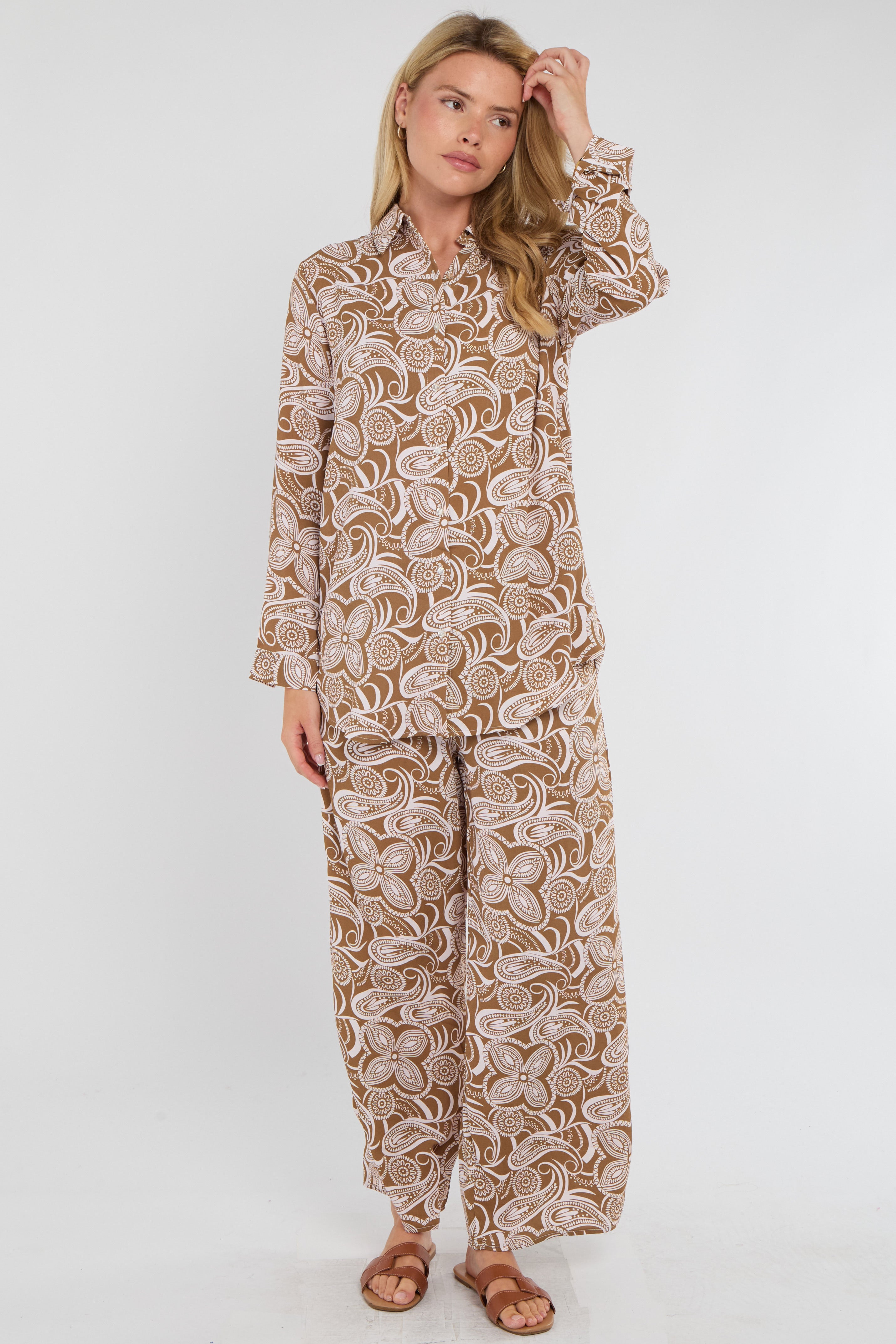 Brown Paisley Floral Print Co-ord Shirt and Trousers Set