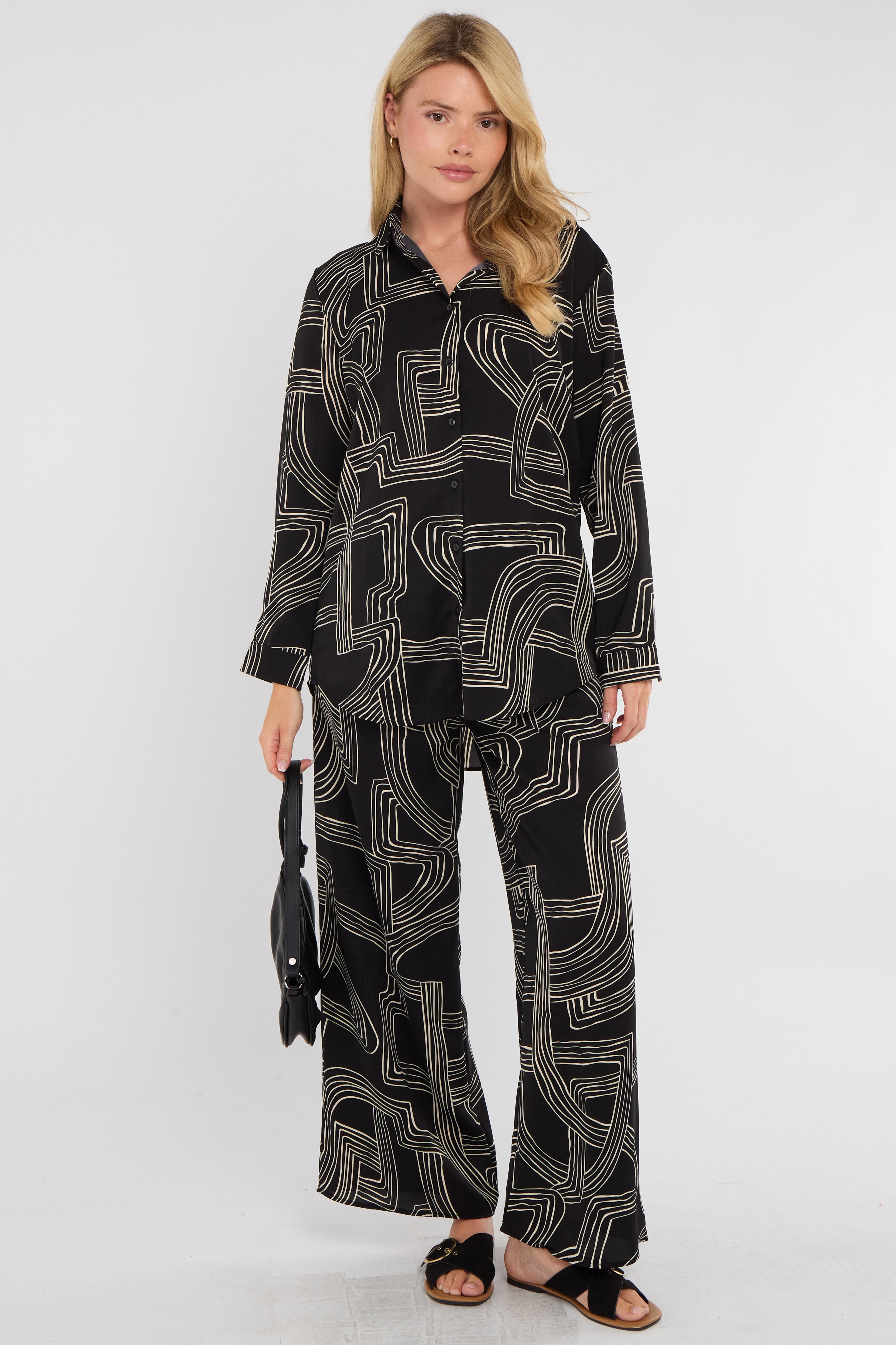 Black Geometric Maze Print Co-ord Shirt and Trousers Set