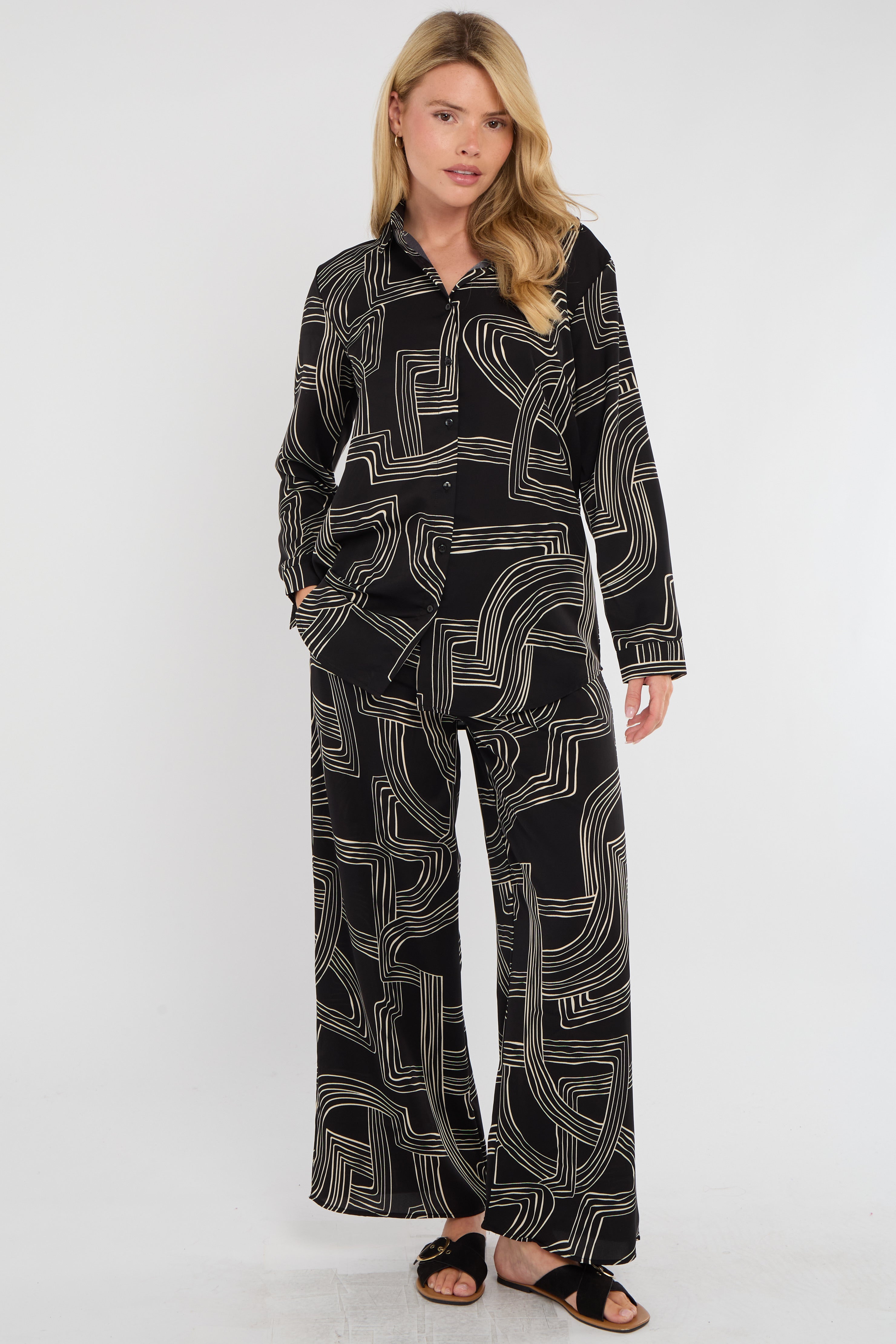 Black Geometric Maze Print Co-ord Shirt and Trousers Set