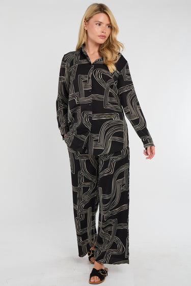 Black Geometric Maze Print Co-ord Shirt and Trousers Set