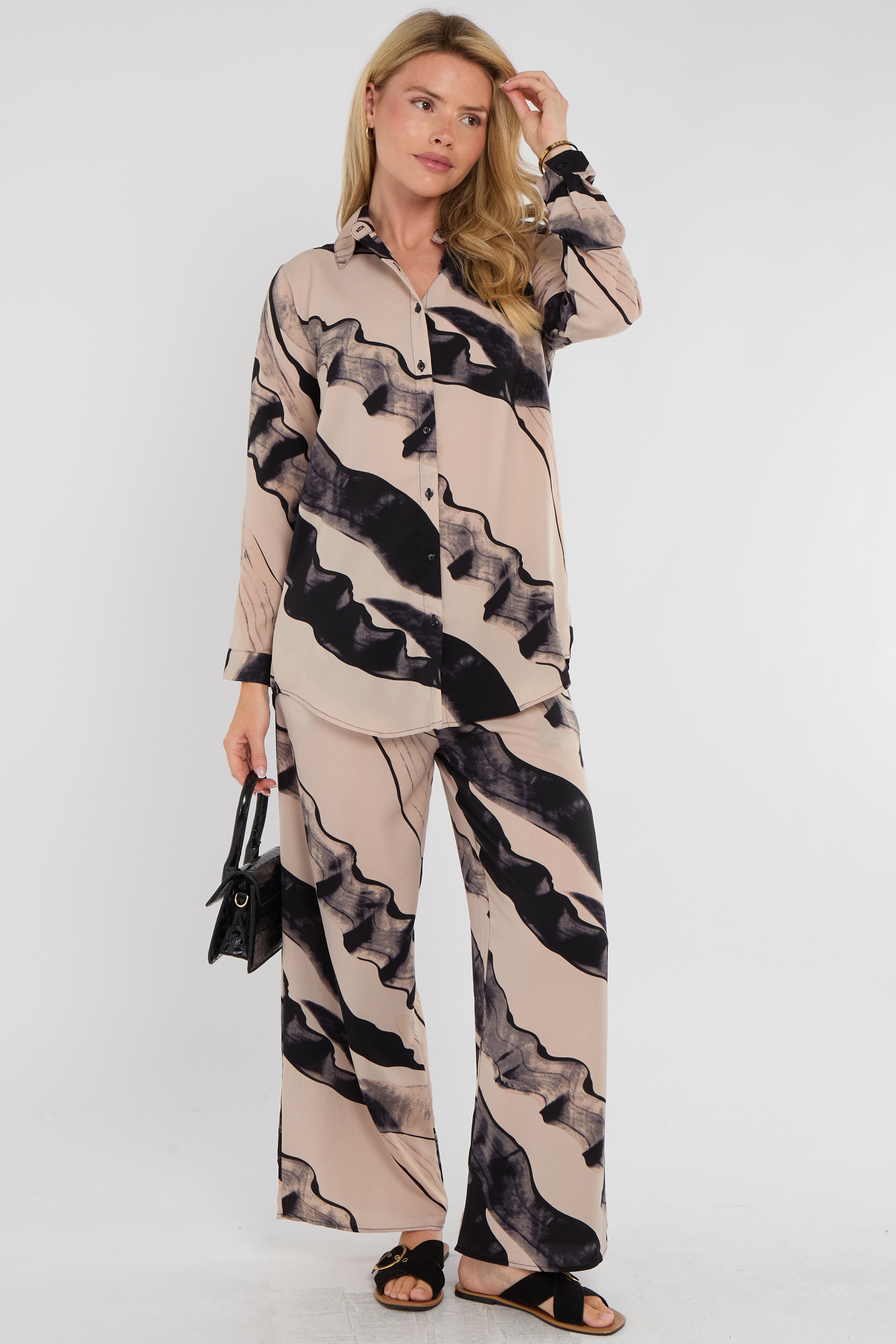 Beige Abstract Brushstroke Print Co-ord Shirt and Trousers Set