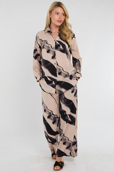 Beige Abstract Brushstroke Print Co-ord Shirt and Trousers Set