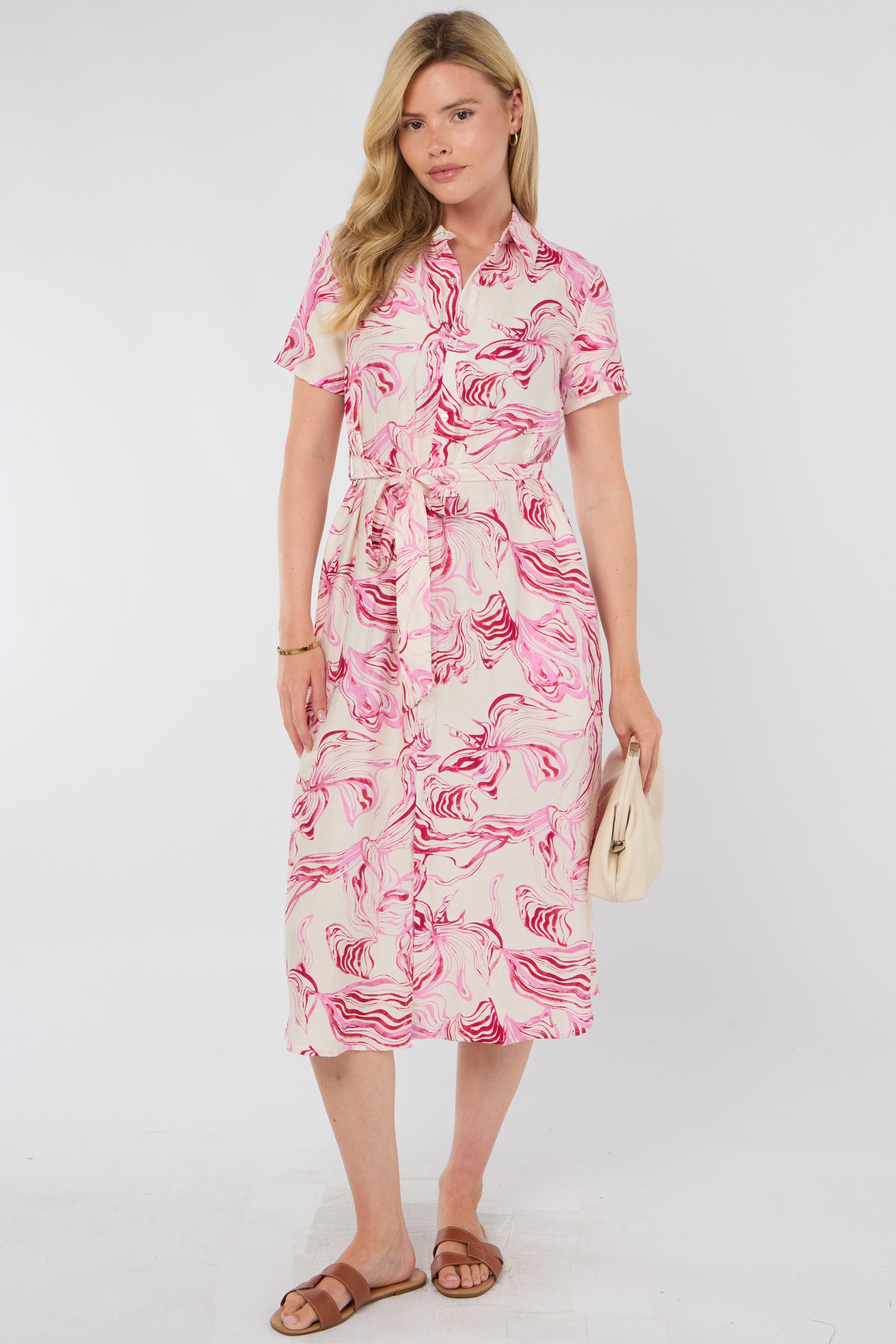 Pink Swirl Print Short Sleeve Midi Shirt Dress