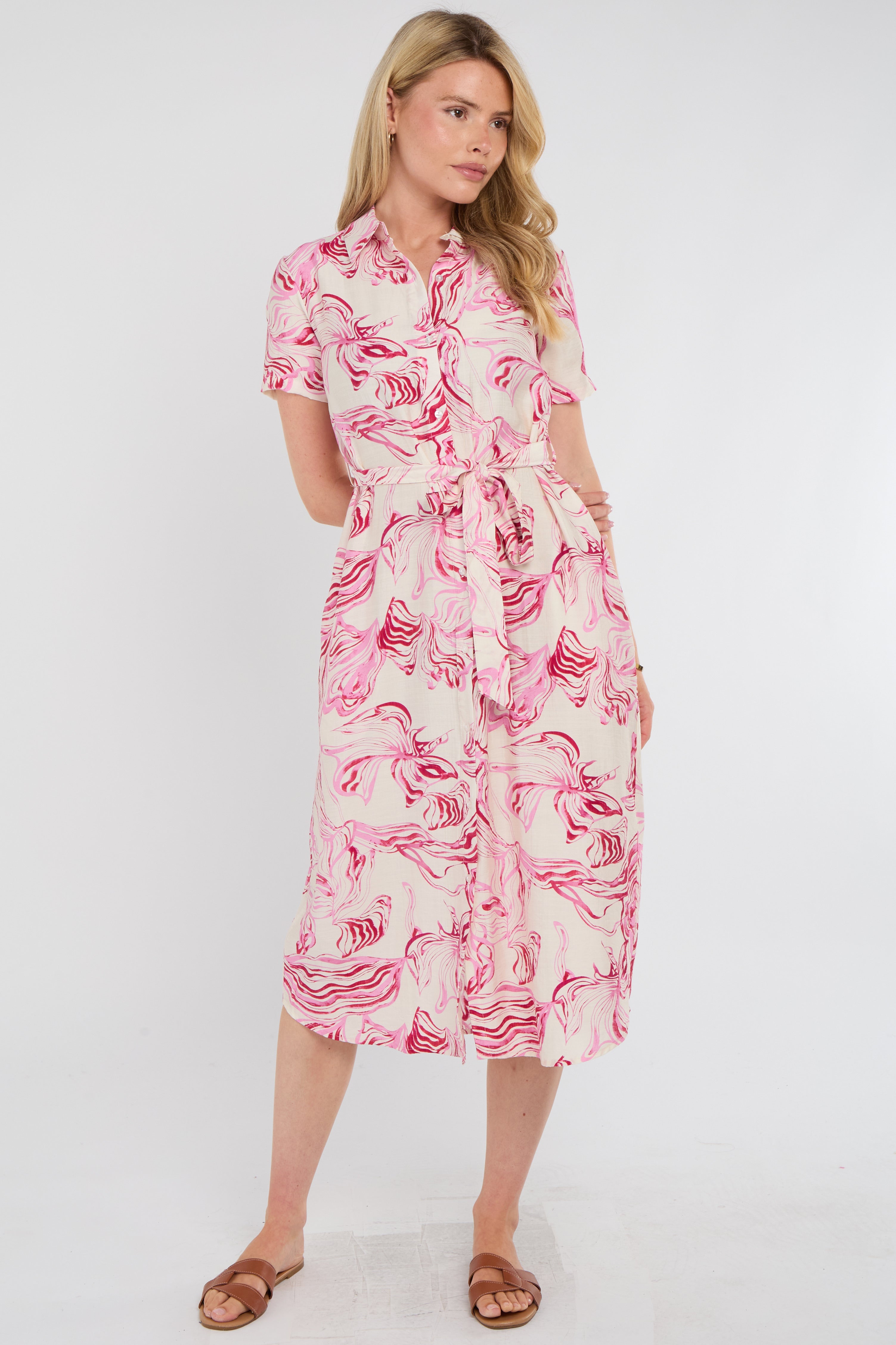 Pink Swirl Print Short Sleeve Midi Shirt Dress