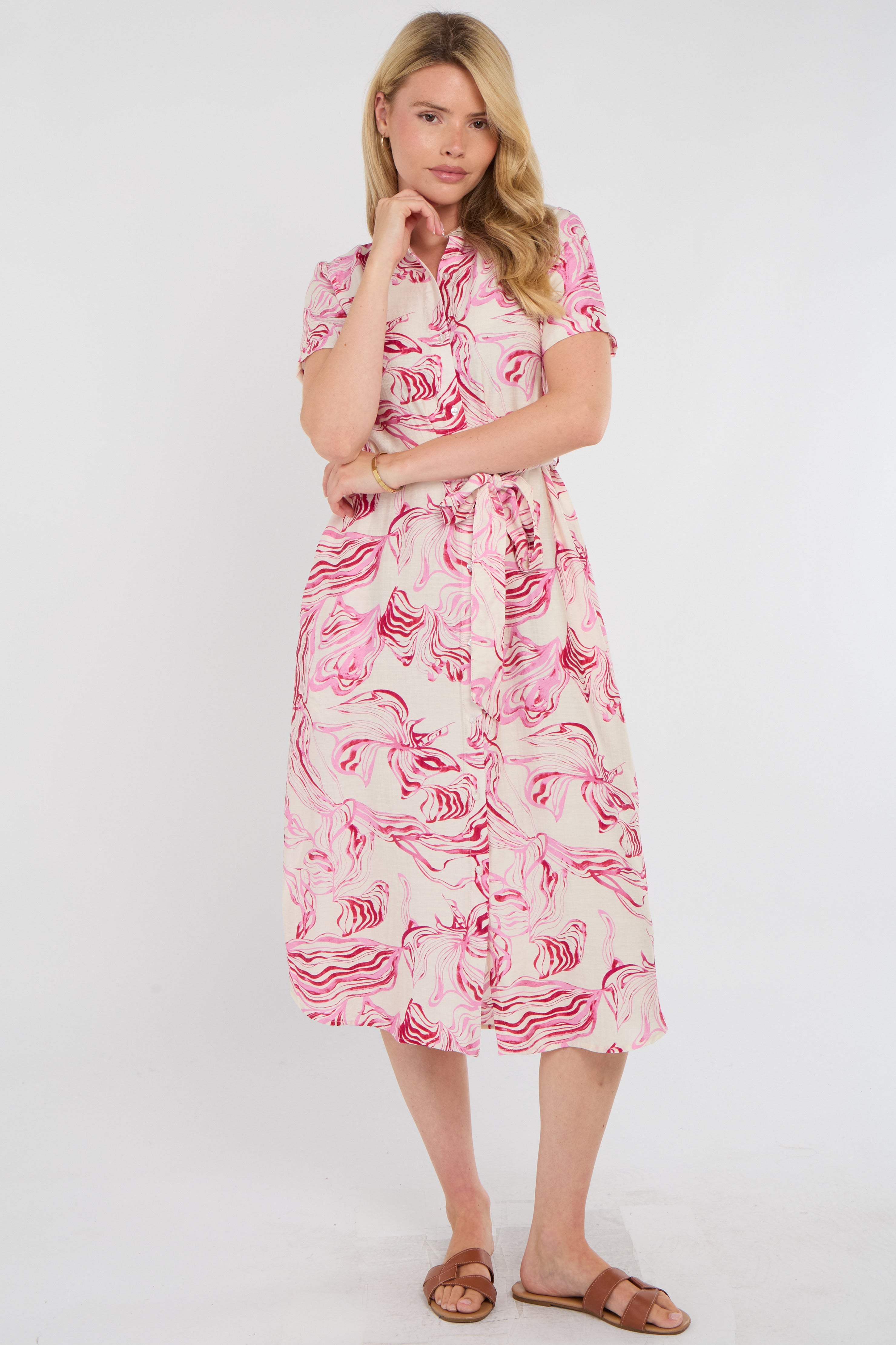 Pink Swirl Print Short Sleeve Midi Shirt Dress