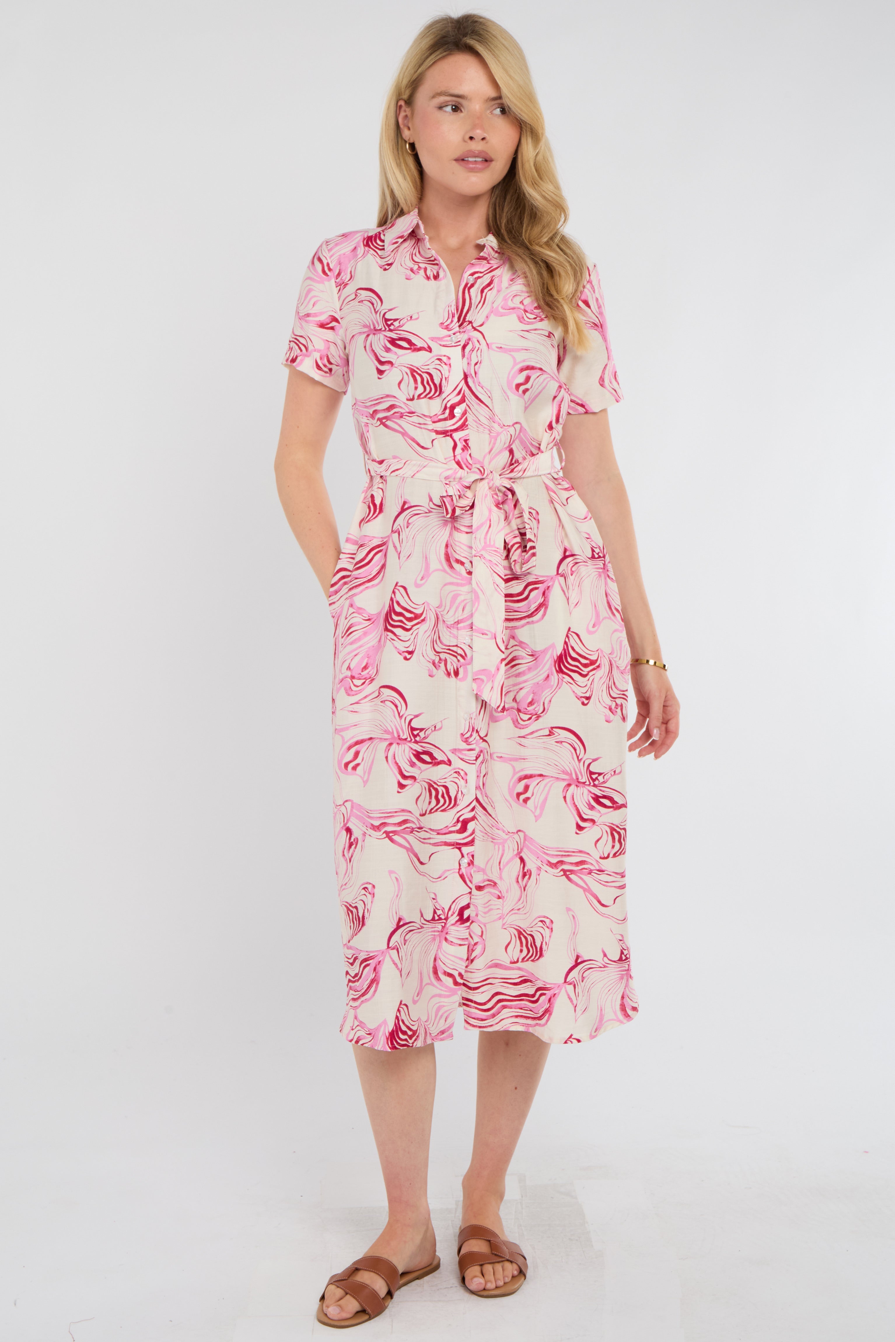 Pink Swirl Print Short Sleeve Midi Shirt Dress