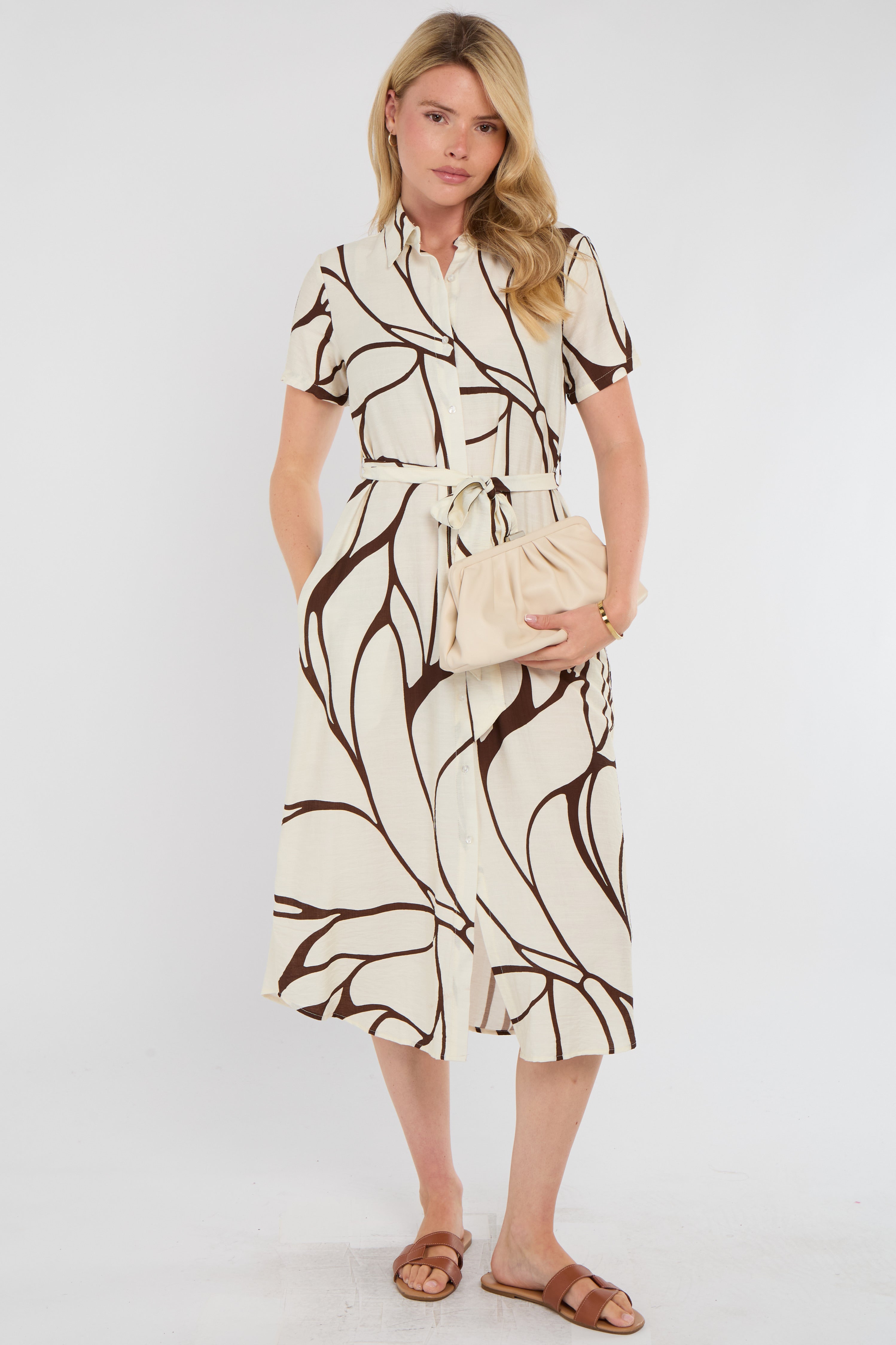 Brown Graphic Wave Print Short Sleeve Midi Shirt Dress
