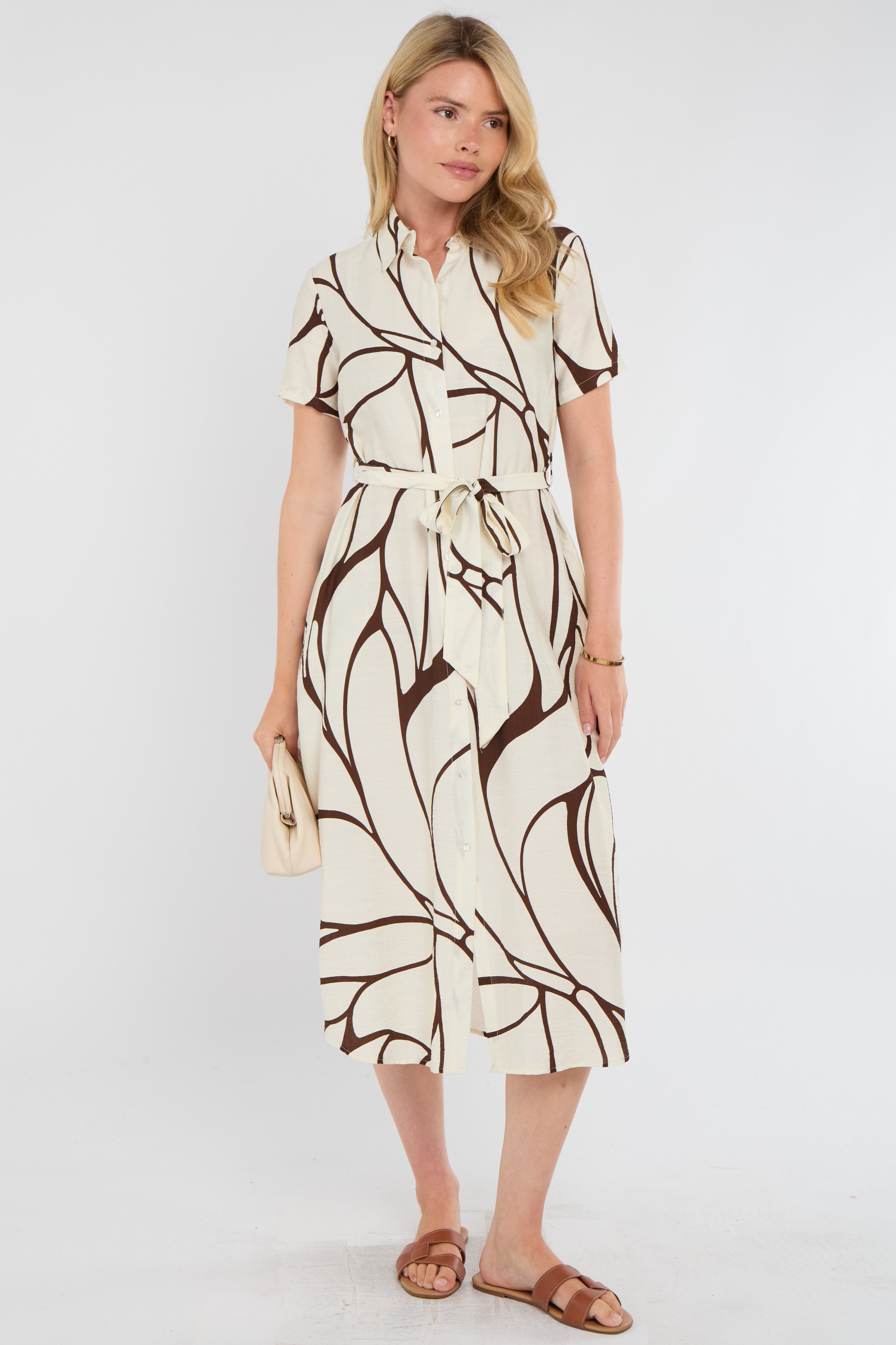Brown Graphic Wave Print Short Sleeve Midi Shirt Dress