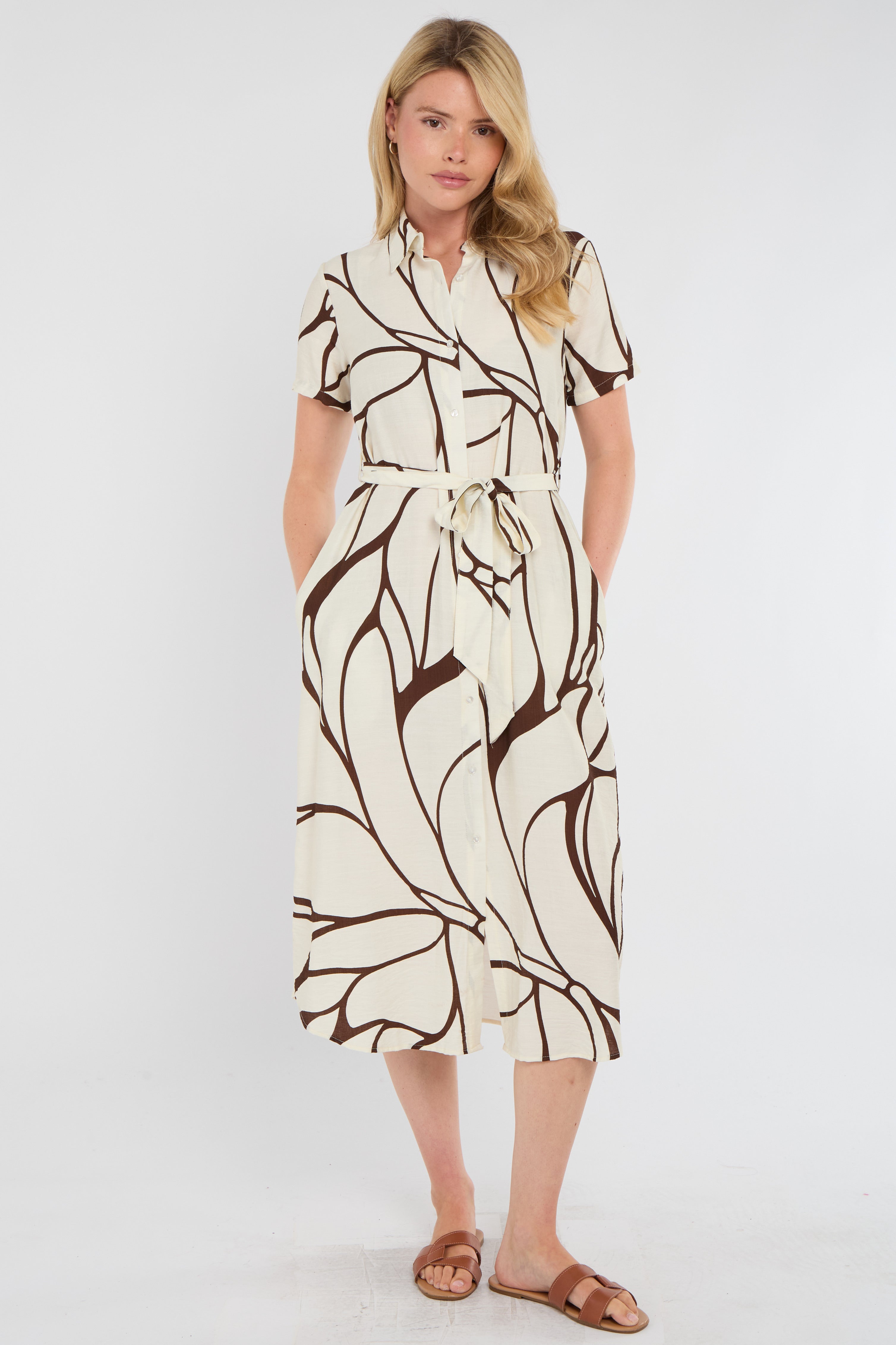 Brown Graphic Wave Print Short Sleeve Midi Shirt Dress