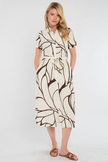 Brown Graphic Wave Print Short Sleeve Midi Shirt Dress