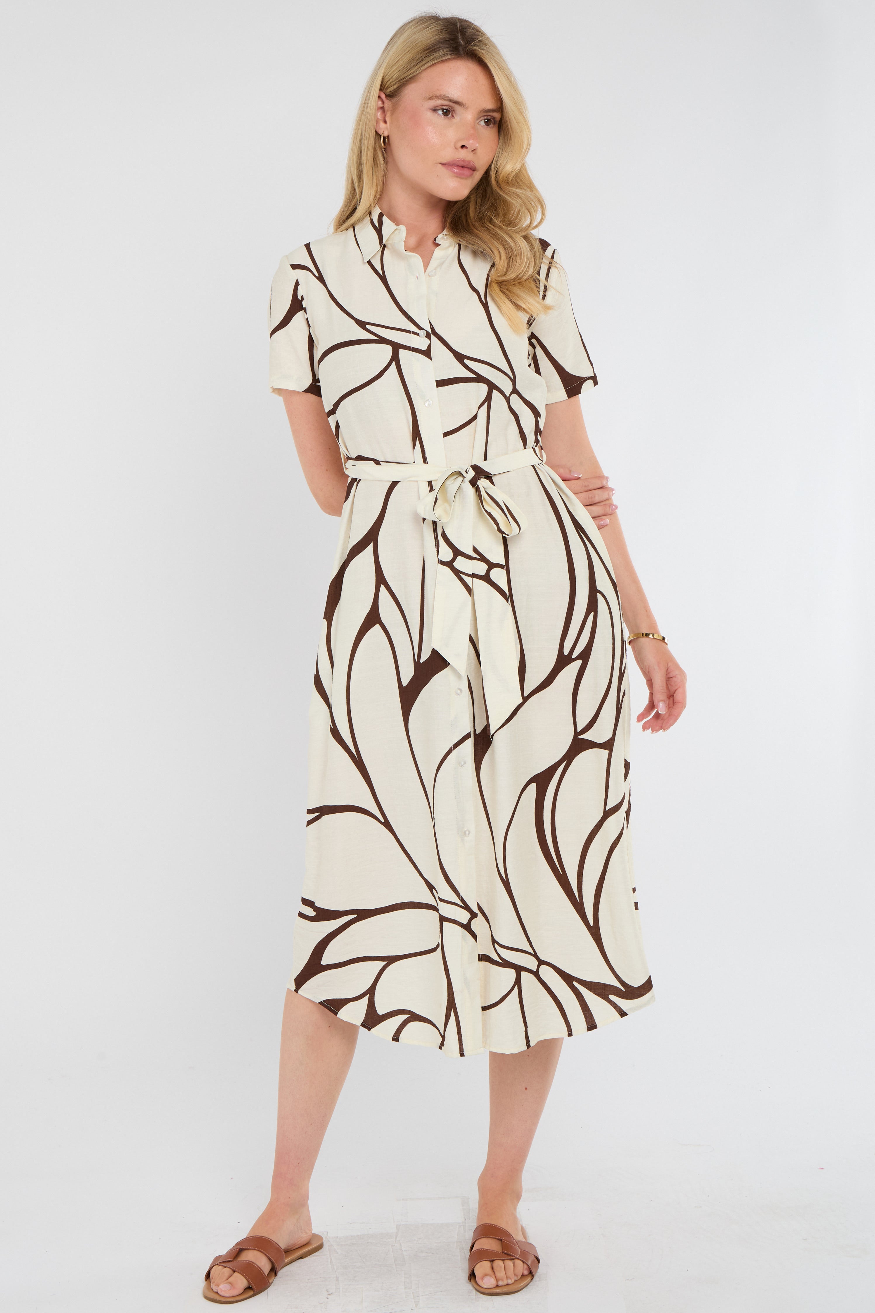 Brown Graphic Wave Print Short Sleeve Midi Shirt Dress