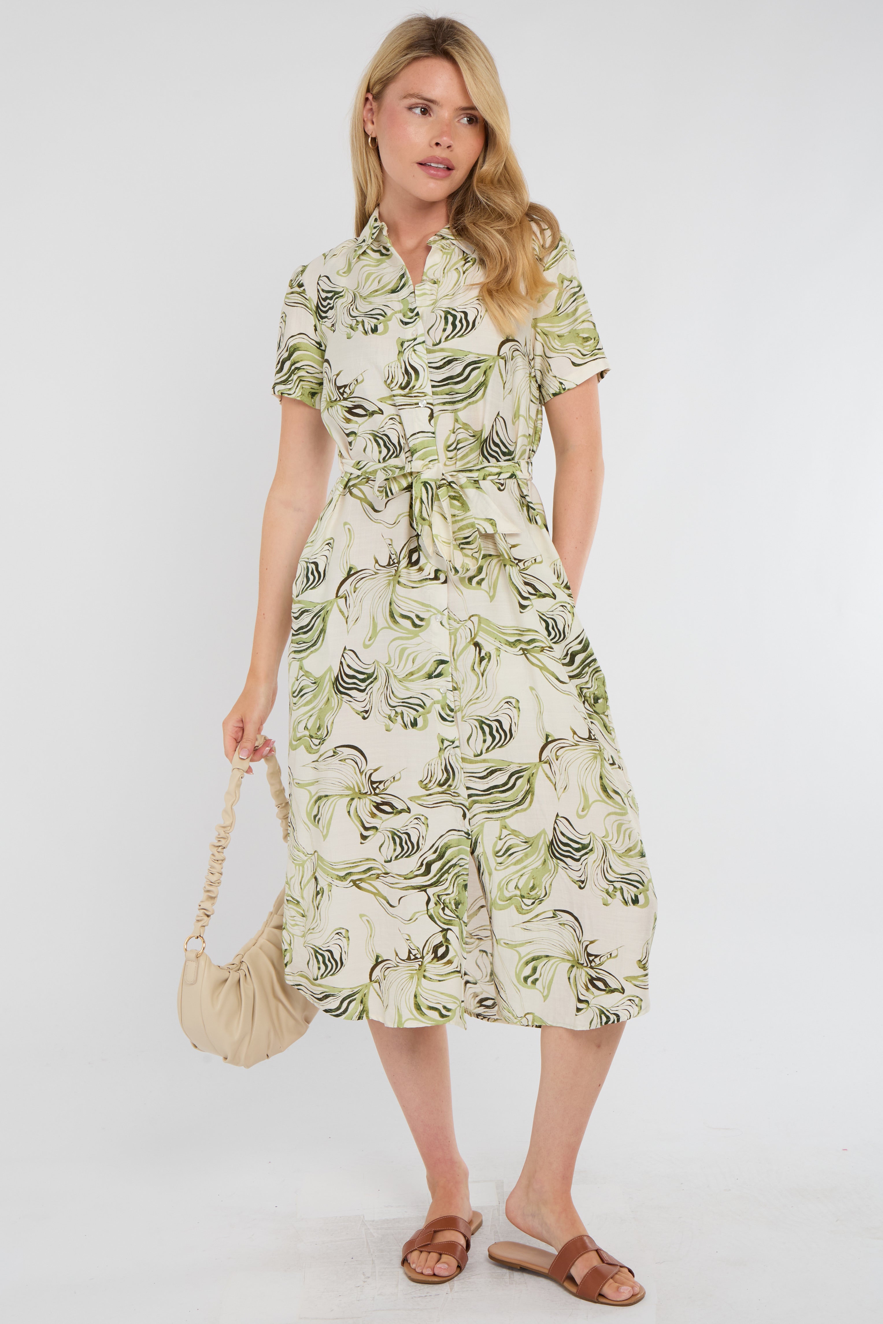 Green Swirl Print Short Sleeve Midi Shirt Dress