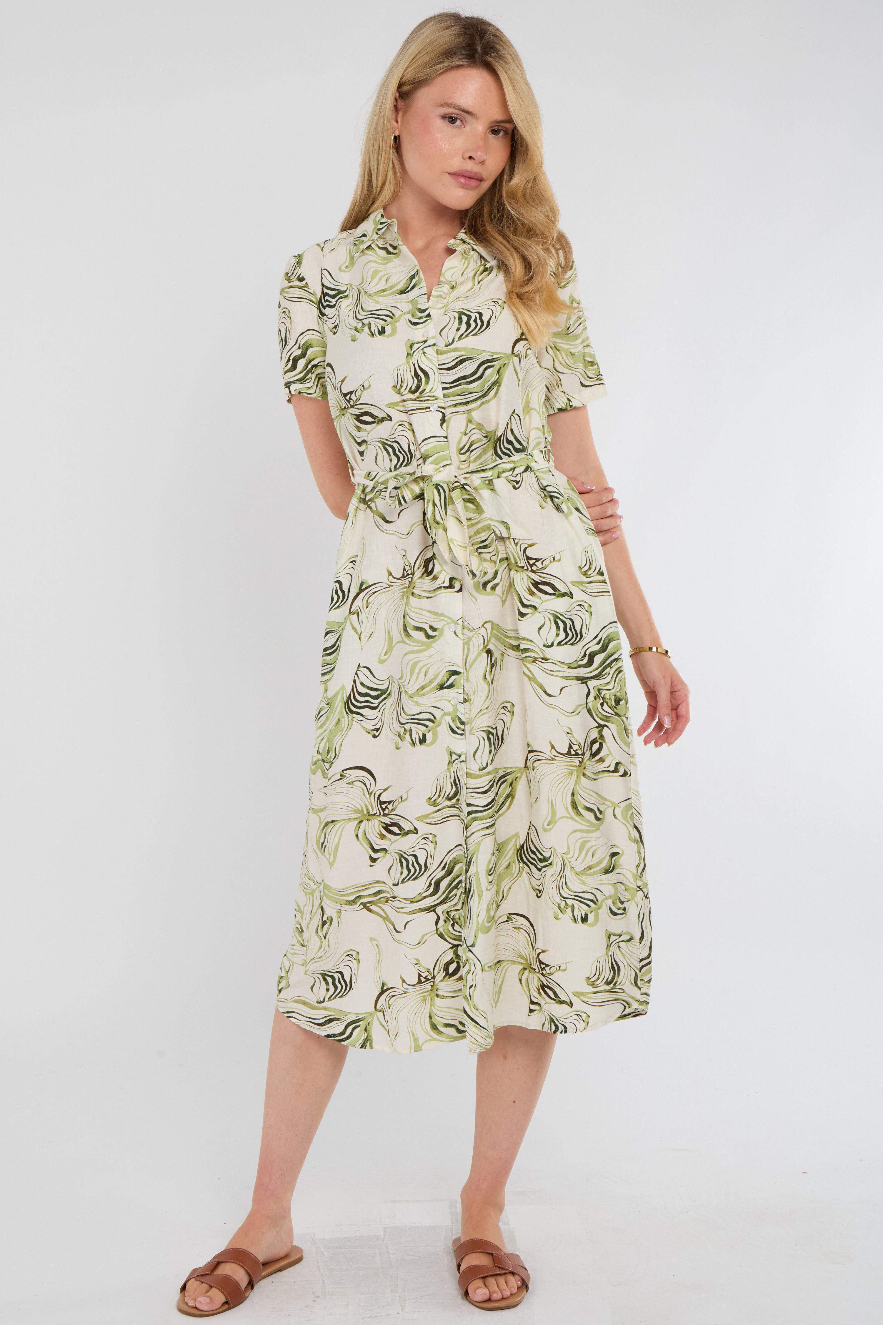 Green Swirl Print Short Sleeve Midi Shirt Dress
