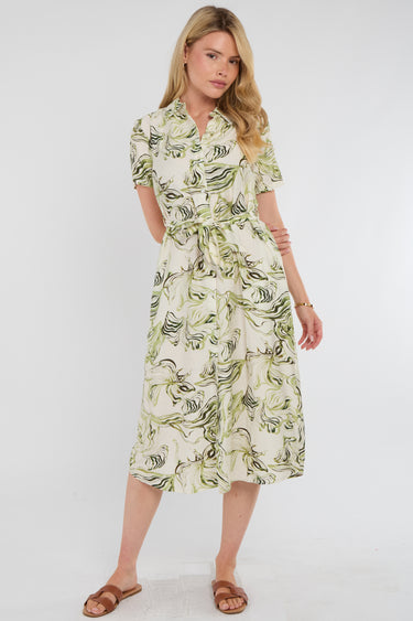 Green Swirl Print Short Sleeve Midi Shirt Dress
