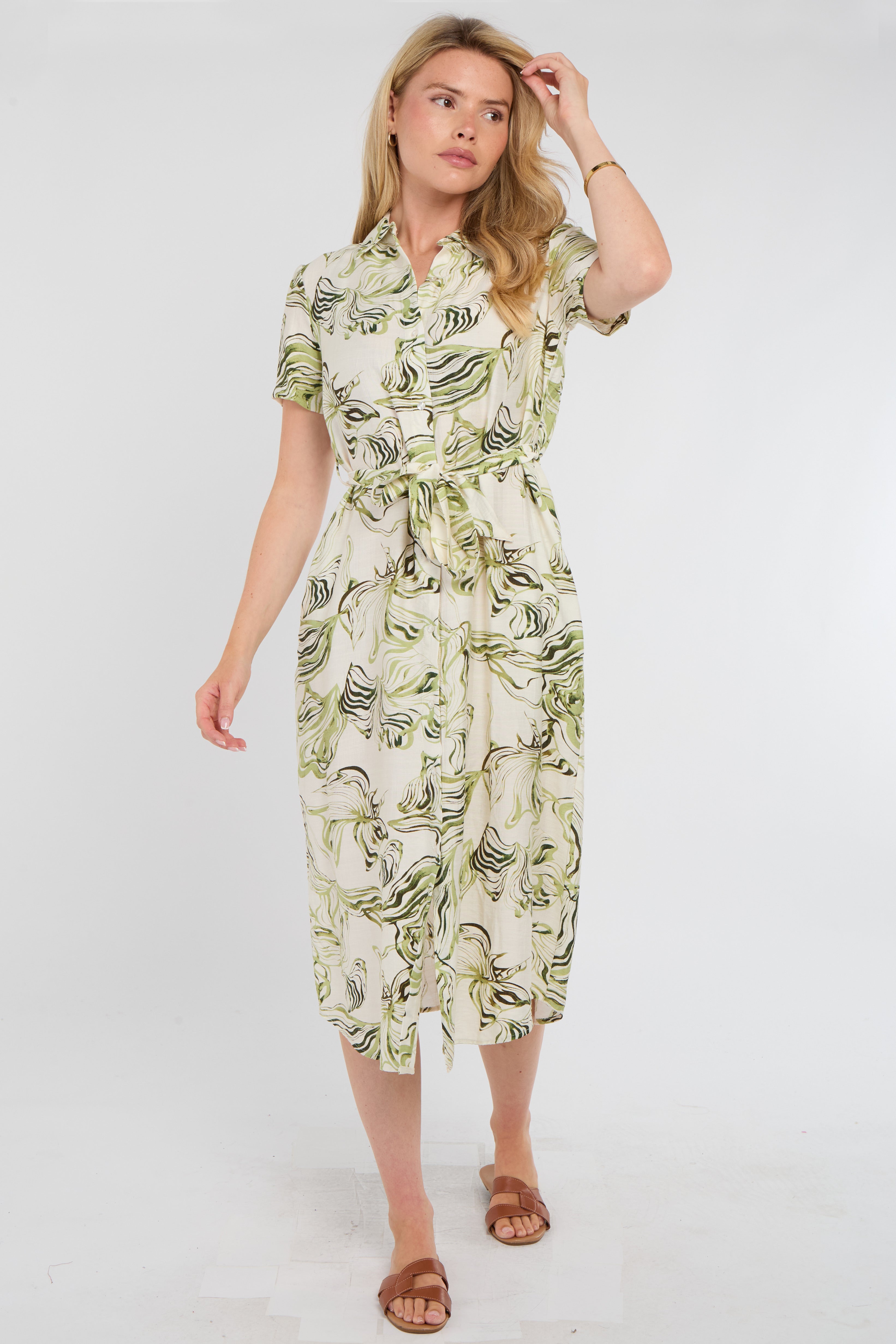 Green Swirl Print Short Sleeve Midi Shirt Dress
