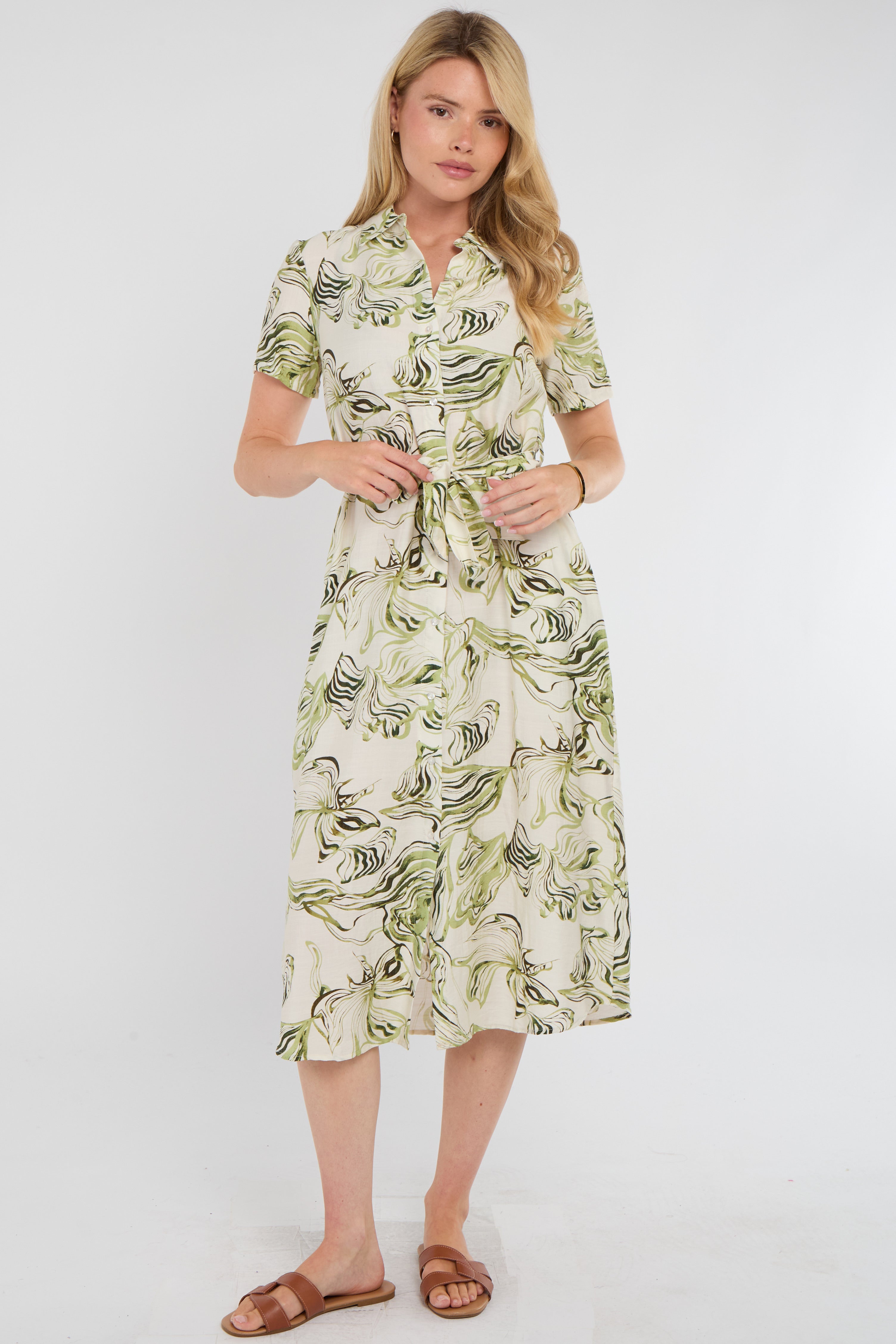 Green Swirl Print Short Sleeve Midi Shirt Dress
