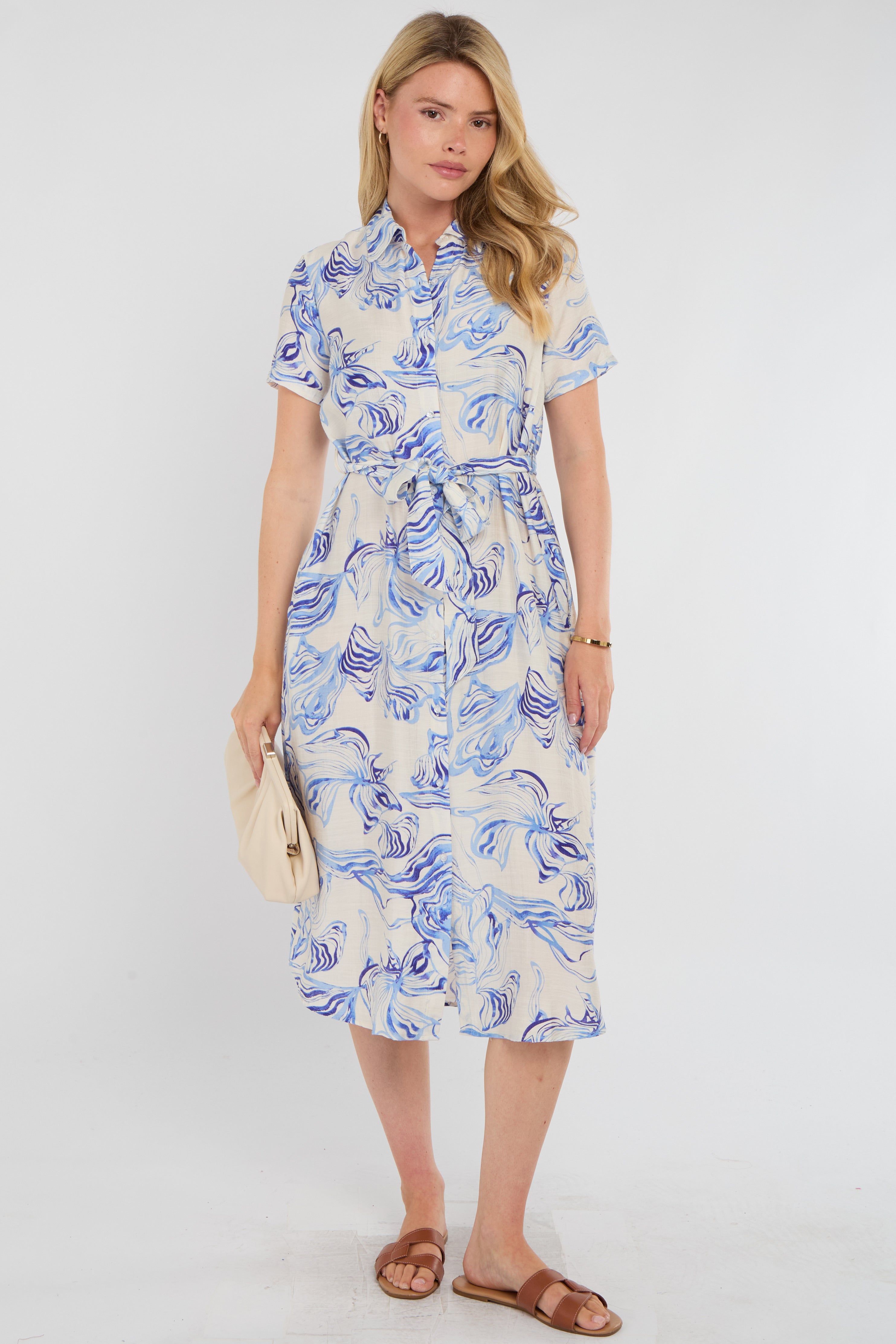 Blue Swirl Print Short Sleeve Midi Shirt Dress