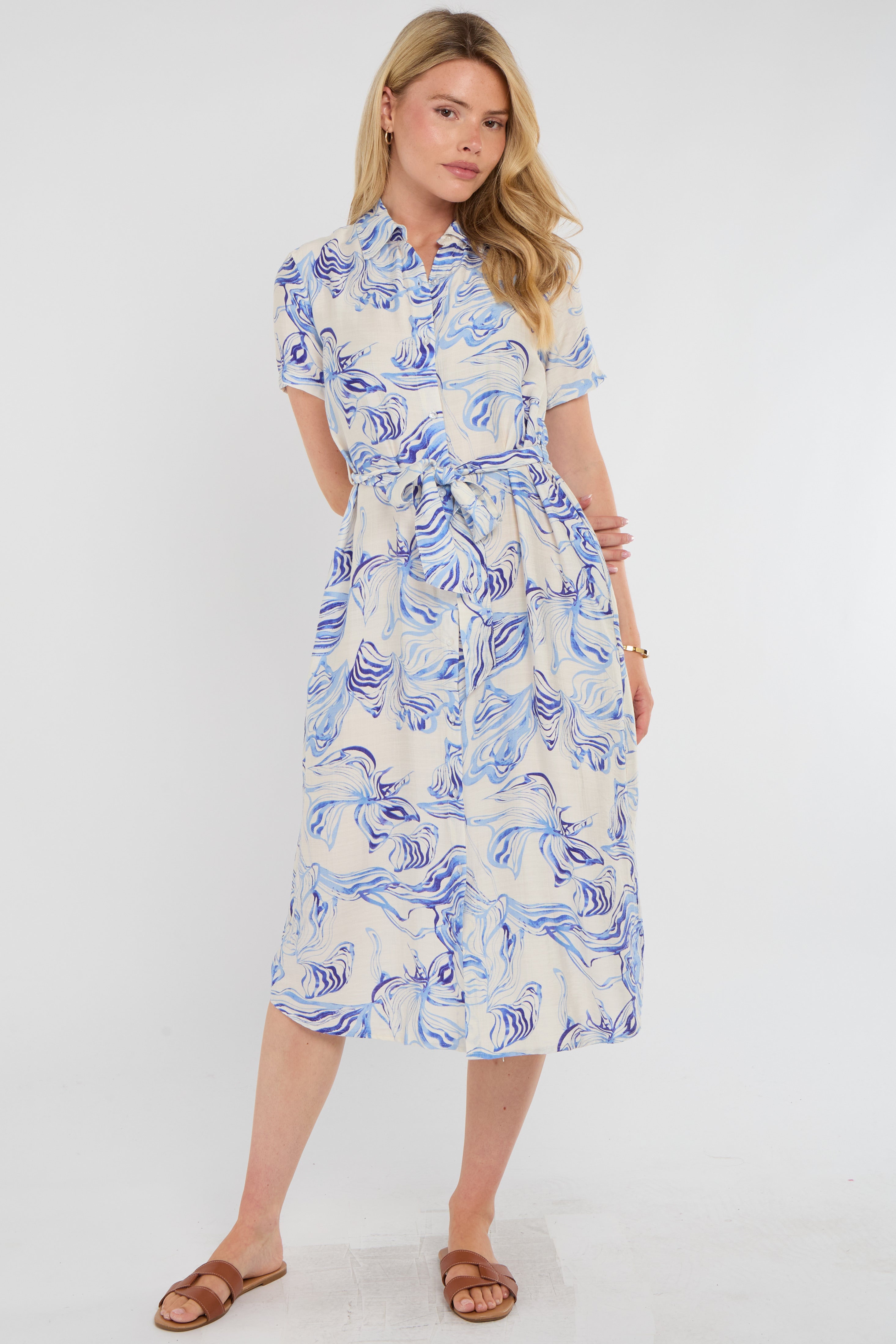 Blue Swirl Print Short Sleeve Midi Shirt Dress