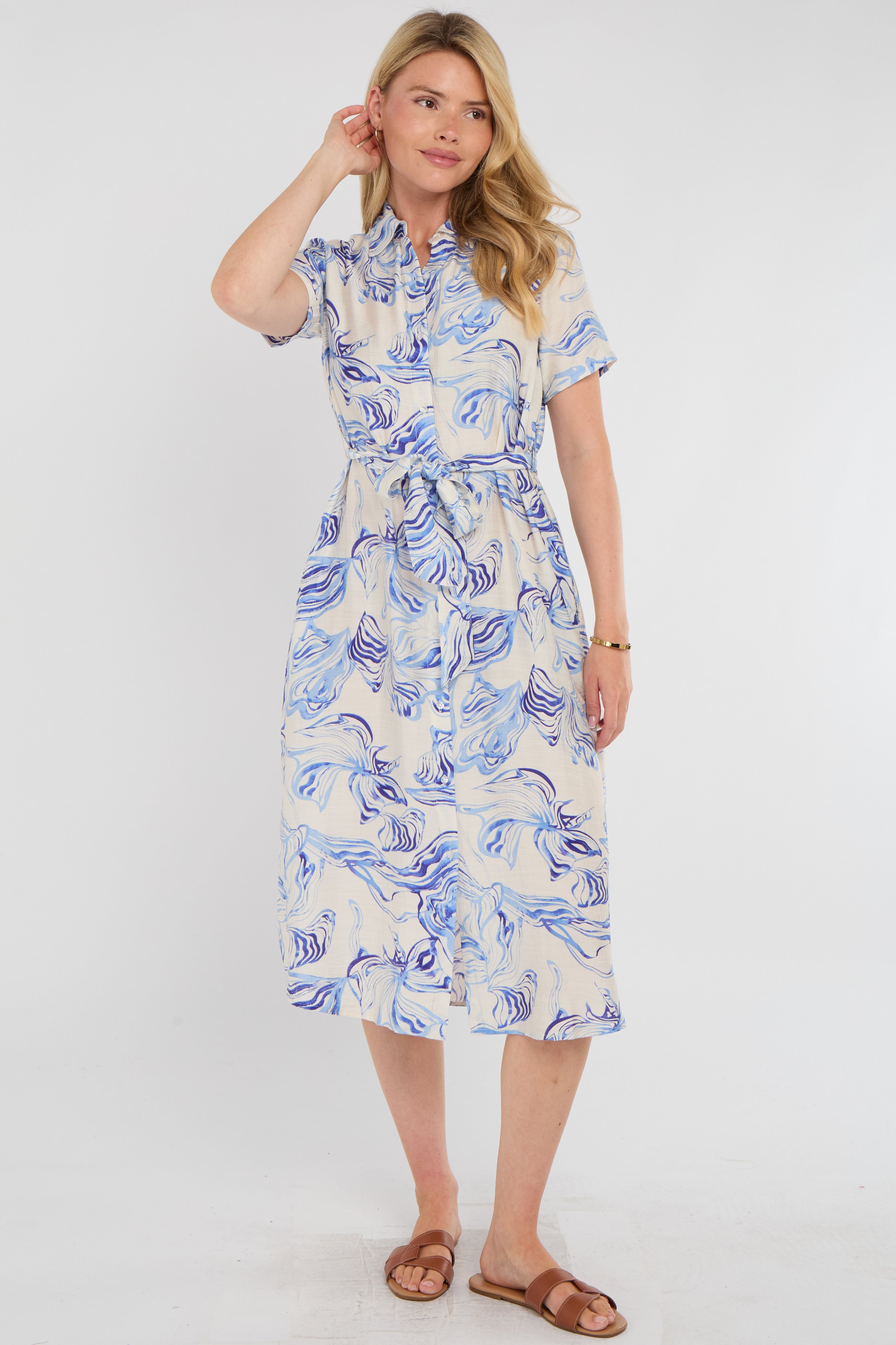 Blue Swirl Print Short Sleeve Midi Shirt Dress
