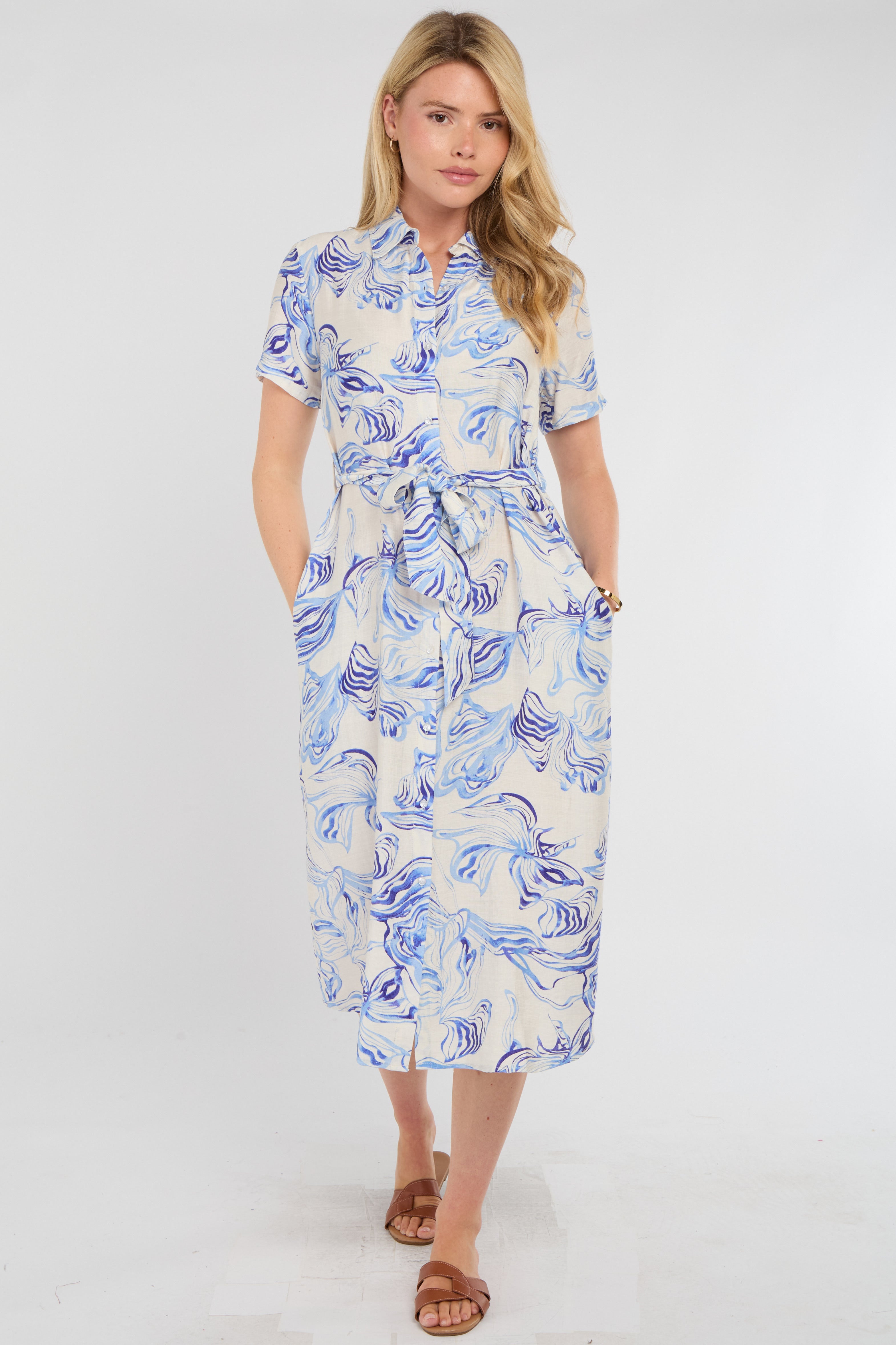 Blue Swirl Print Short Sleeve Midi Shirt Dress