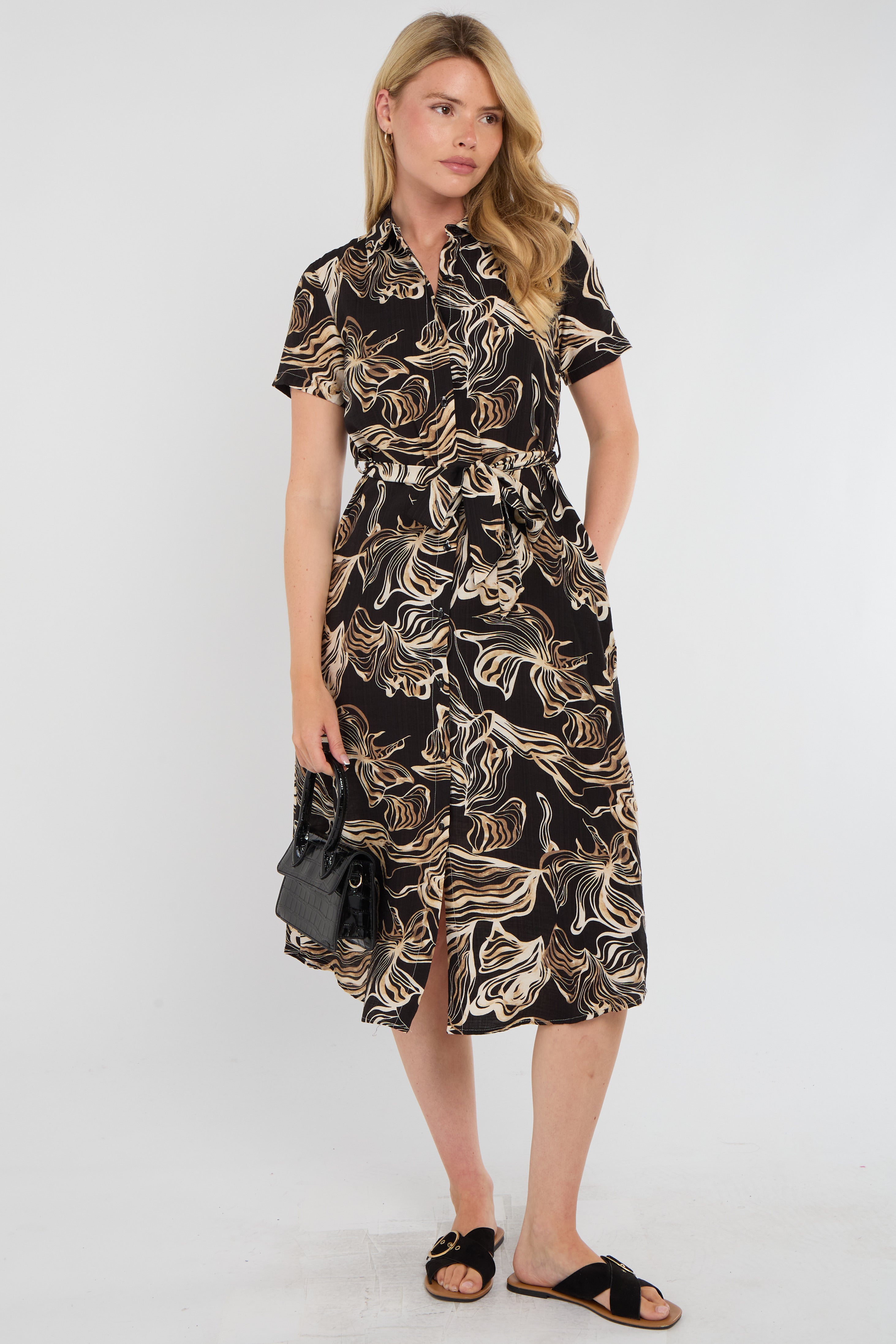 Black Swirl Print Short Sleeve Midi Shirt Dress