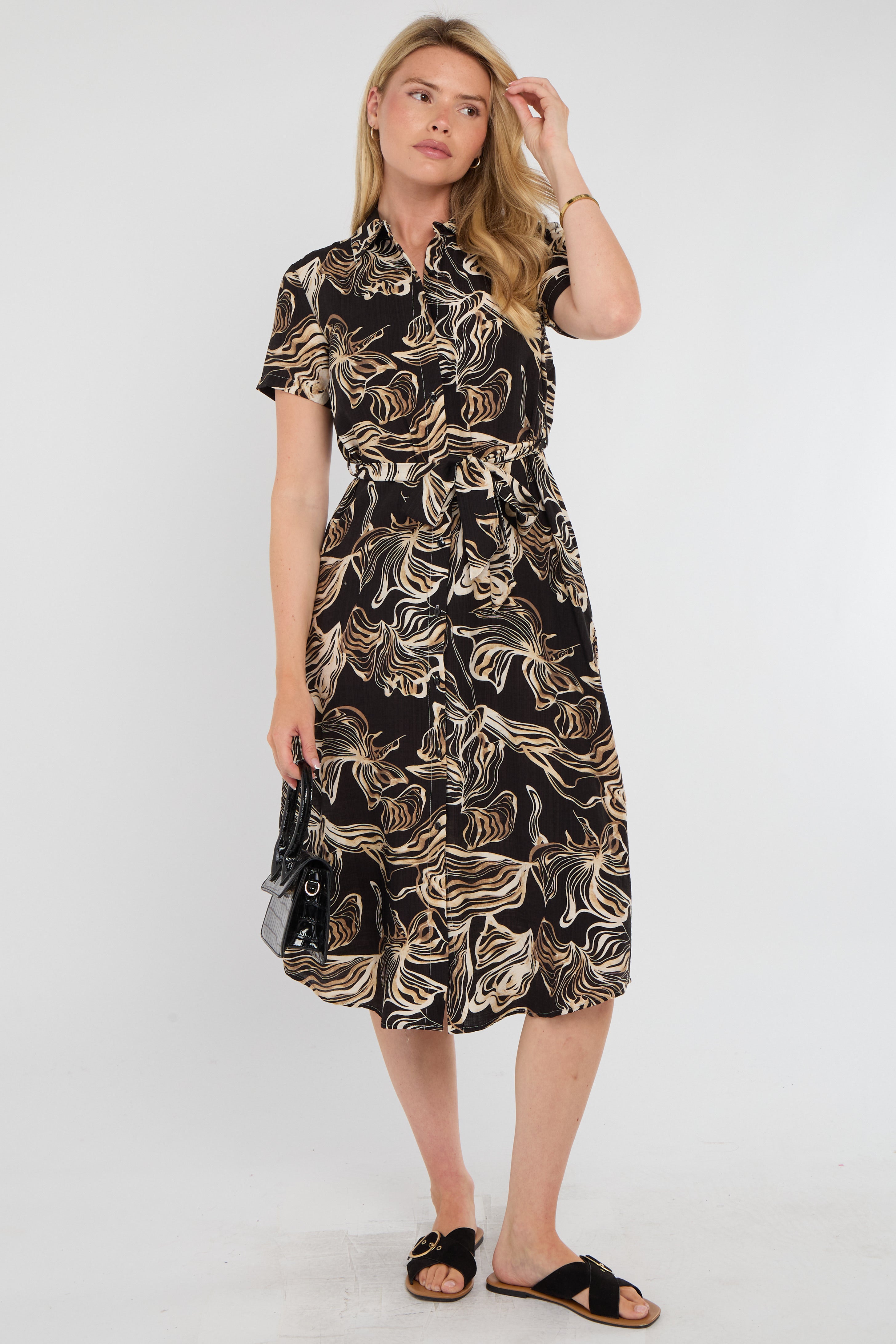 Black Swirl Print Short Sleeve Midi Shirt Dress