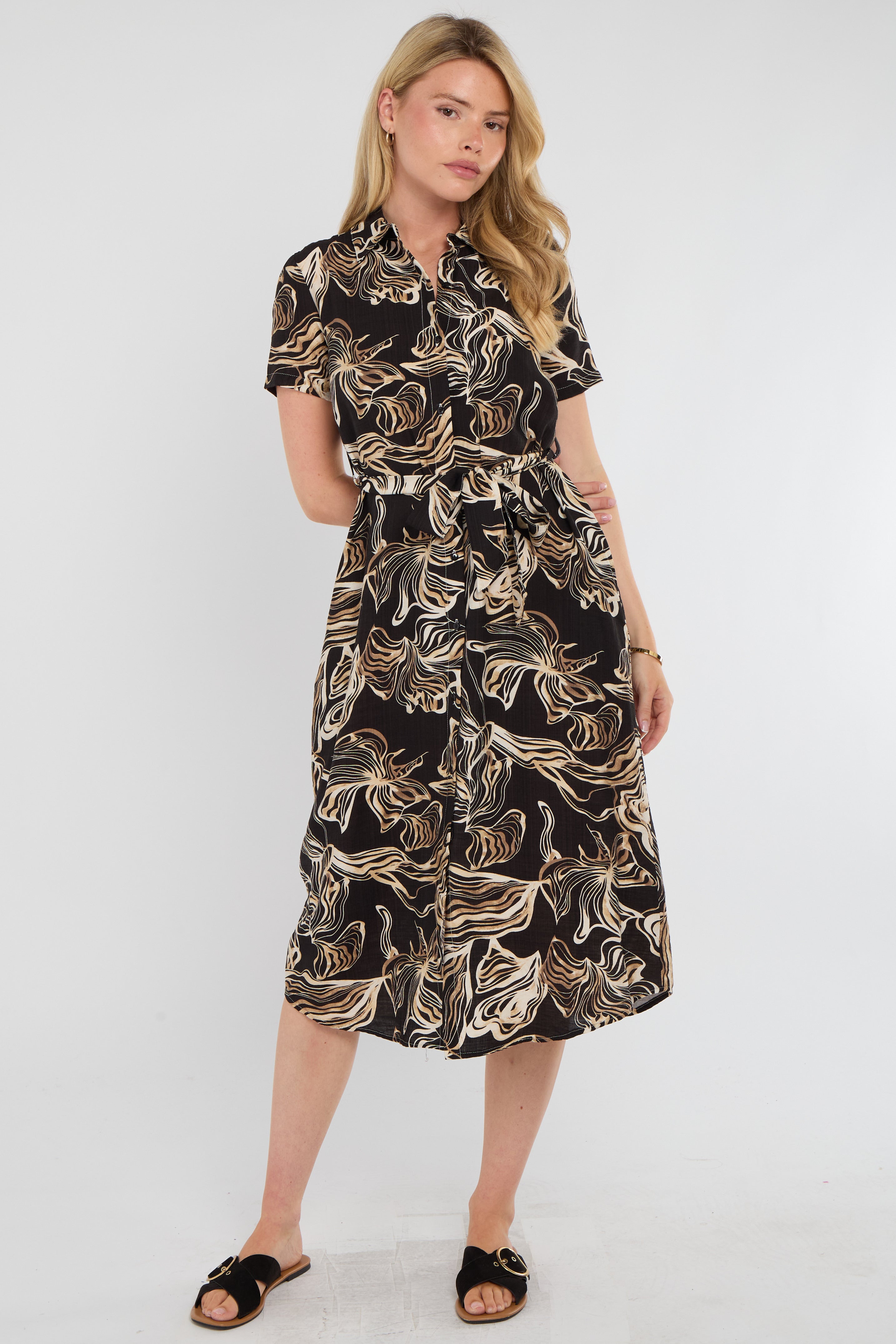 Black Swirl Print Short Sleeve Midi Shirt Dress