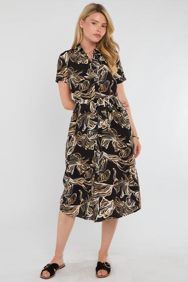 Black Swirl Print Short Sleeve Midi Shirt Dress