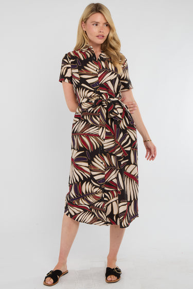 Black Bold Leaf Print Midi Shirt Dress