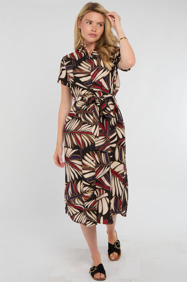 Black Bold Leaf Print Midi Shirt Dress