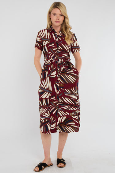 Maroon Bold Leaf Print Midi Shirt Dress