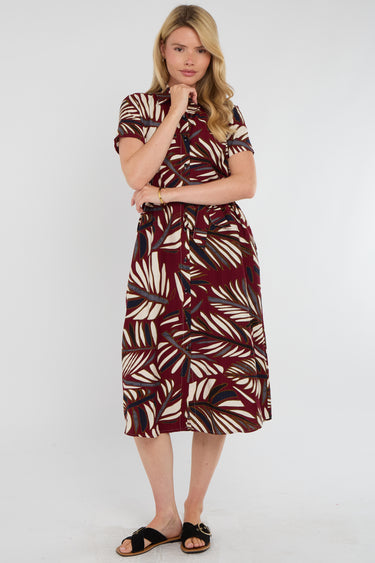 Maroon Bold Leaf Print Midi Shirt Dress