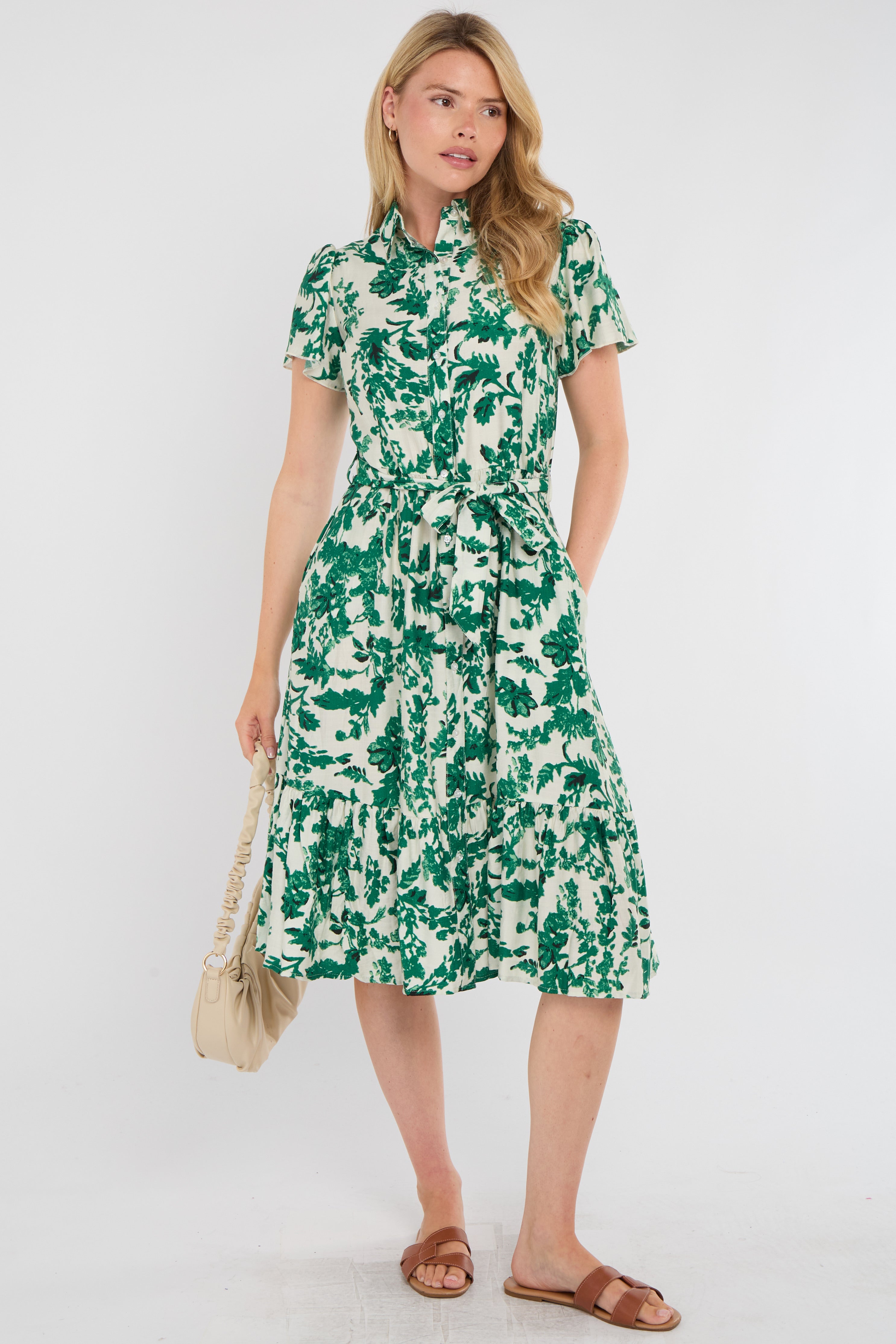 Green Leaf Print Linen-Blend Midi Shirt Dress