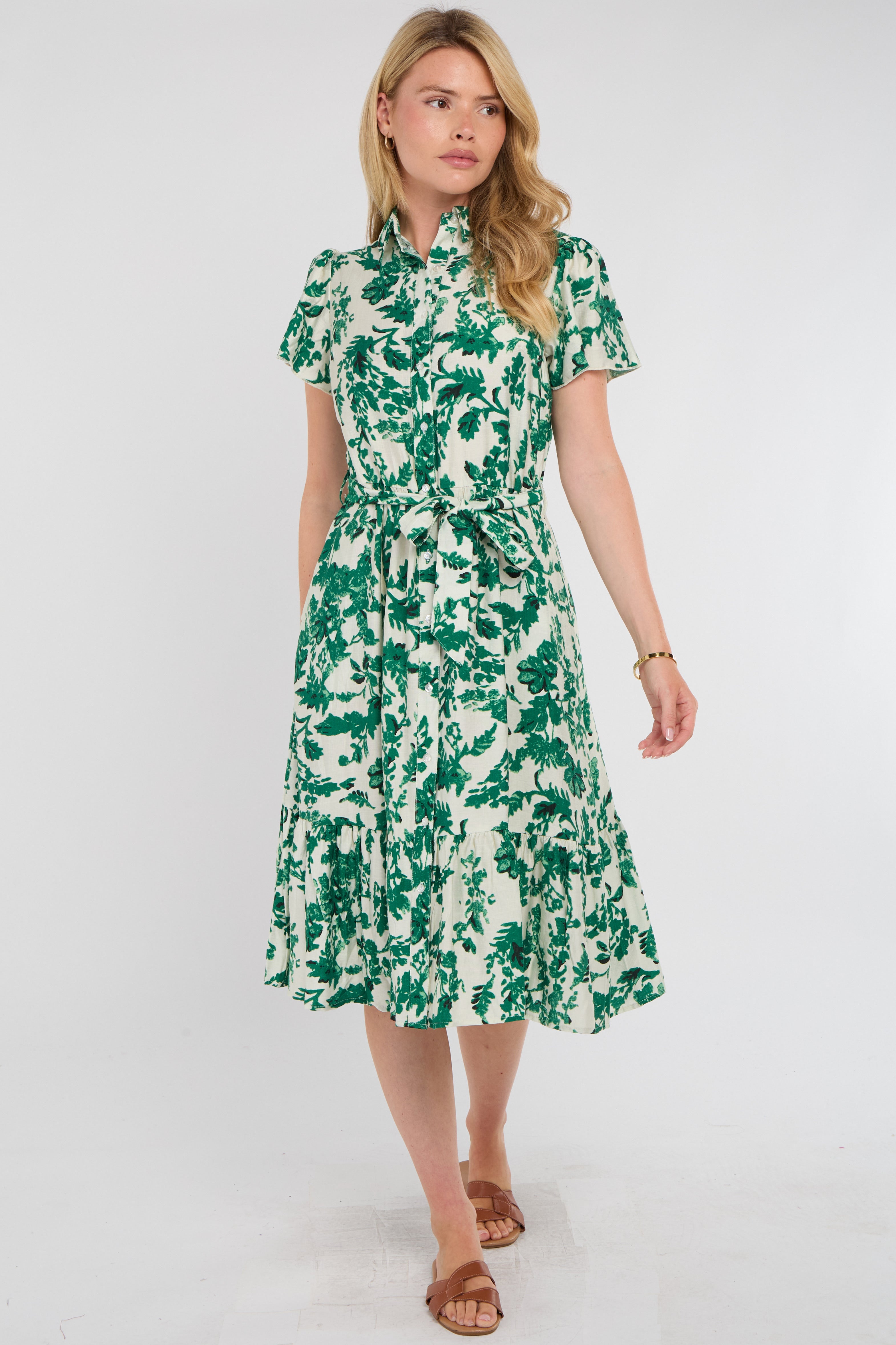 Green Leaf Print Linen-Blend Midi Shirt Dress