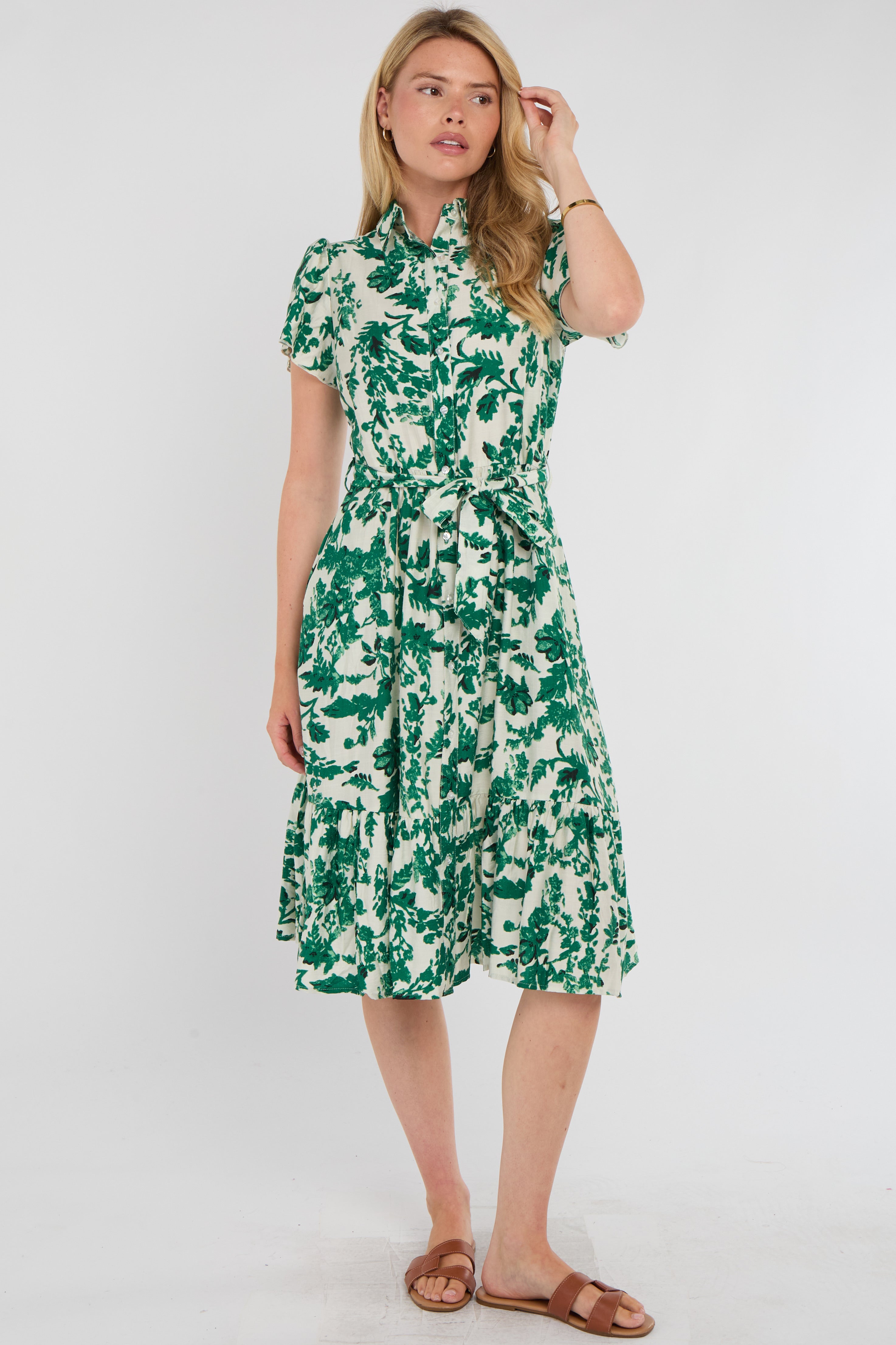 Green Leaf Print Linen-Blend Midi Shirt Dress