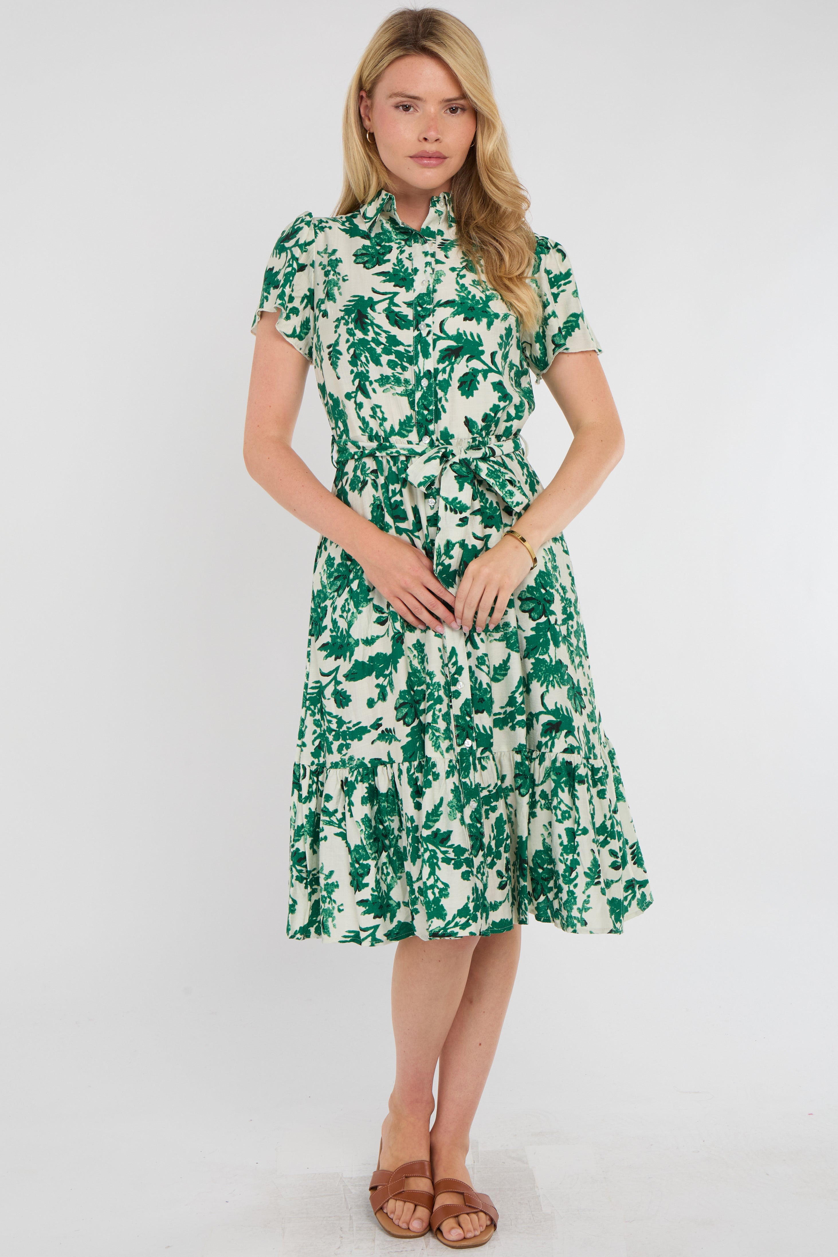 Green Leaf Print Linen-Blend Midi Shirt Dress